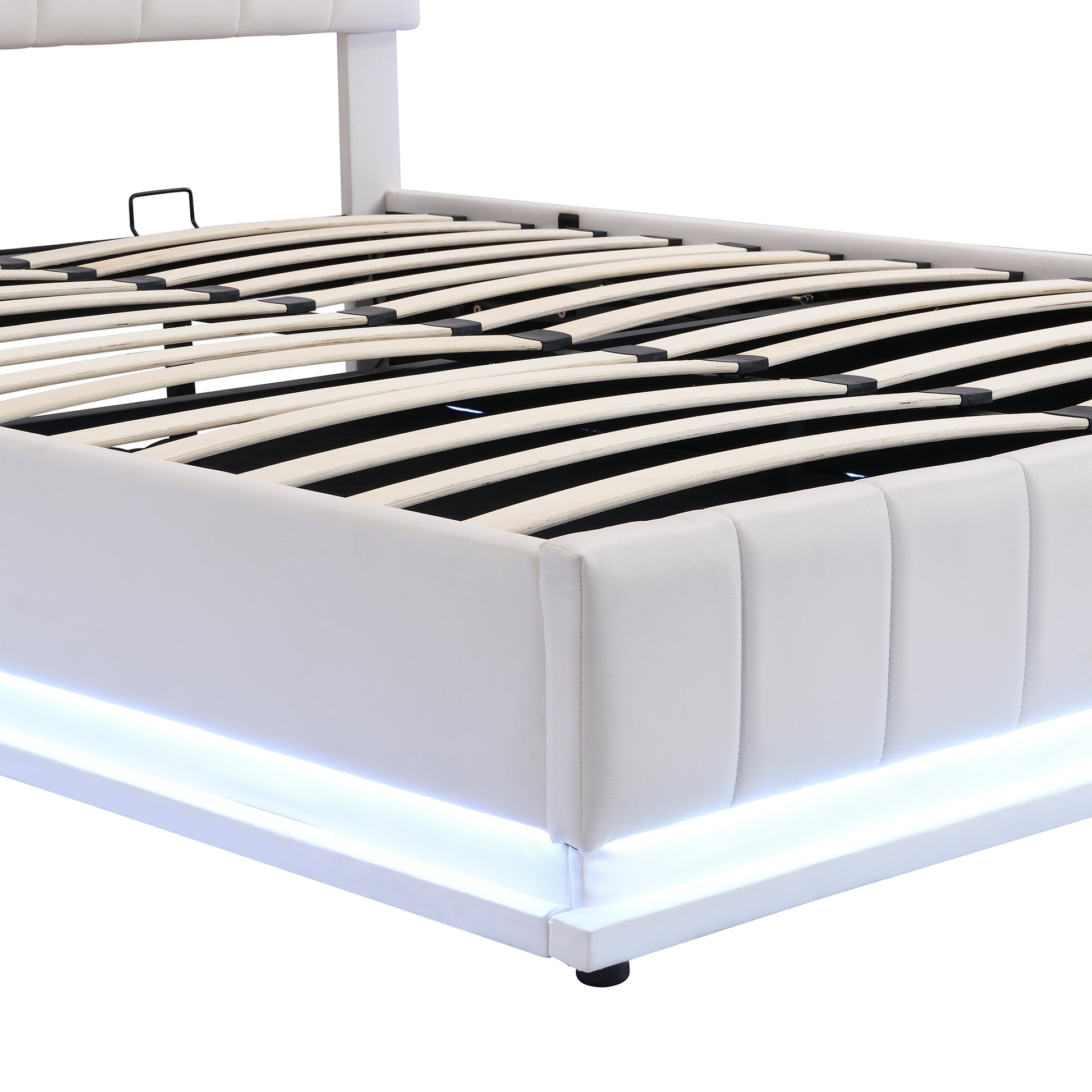 Queen Size Upholstered Bed With Hydraulic Storage System And Led Light, Modern Platform Bed With Sockets And Usb Ports, White White Pu Leather