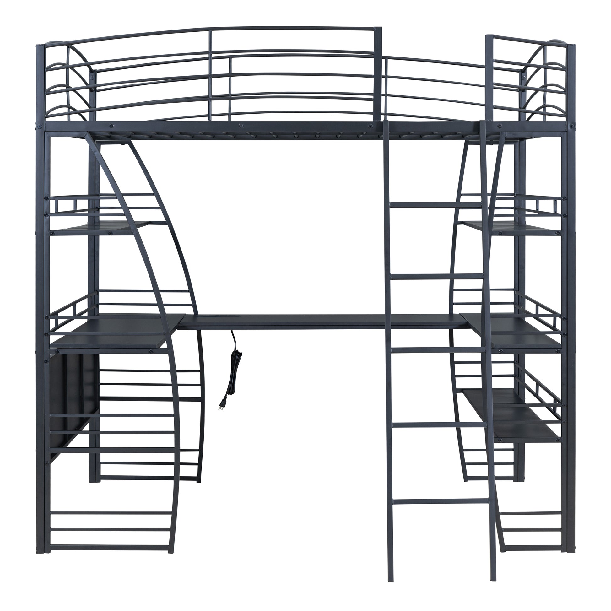 Full Size Loft Bed With 4 Layers Of Shelves And L Shaped Desk, Stylish Metal Frame Bed With A Set Of Sockets, Usb Ports And Wireless Charging, Black Black Metal