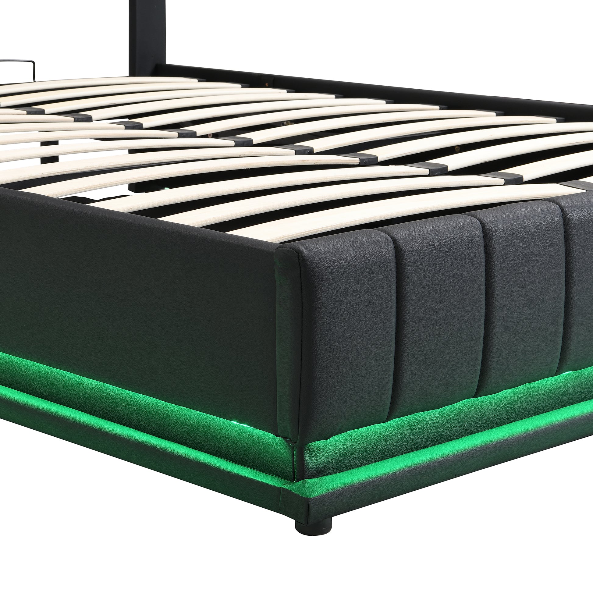 Full Size Upholstered Bed With Hydraulic Storage System And Led Light, Modern Platform Bed With Sockets And Usb Ports, Black Black Pu Leather