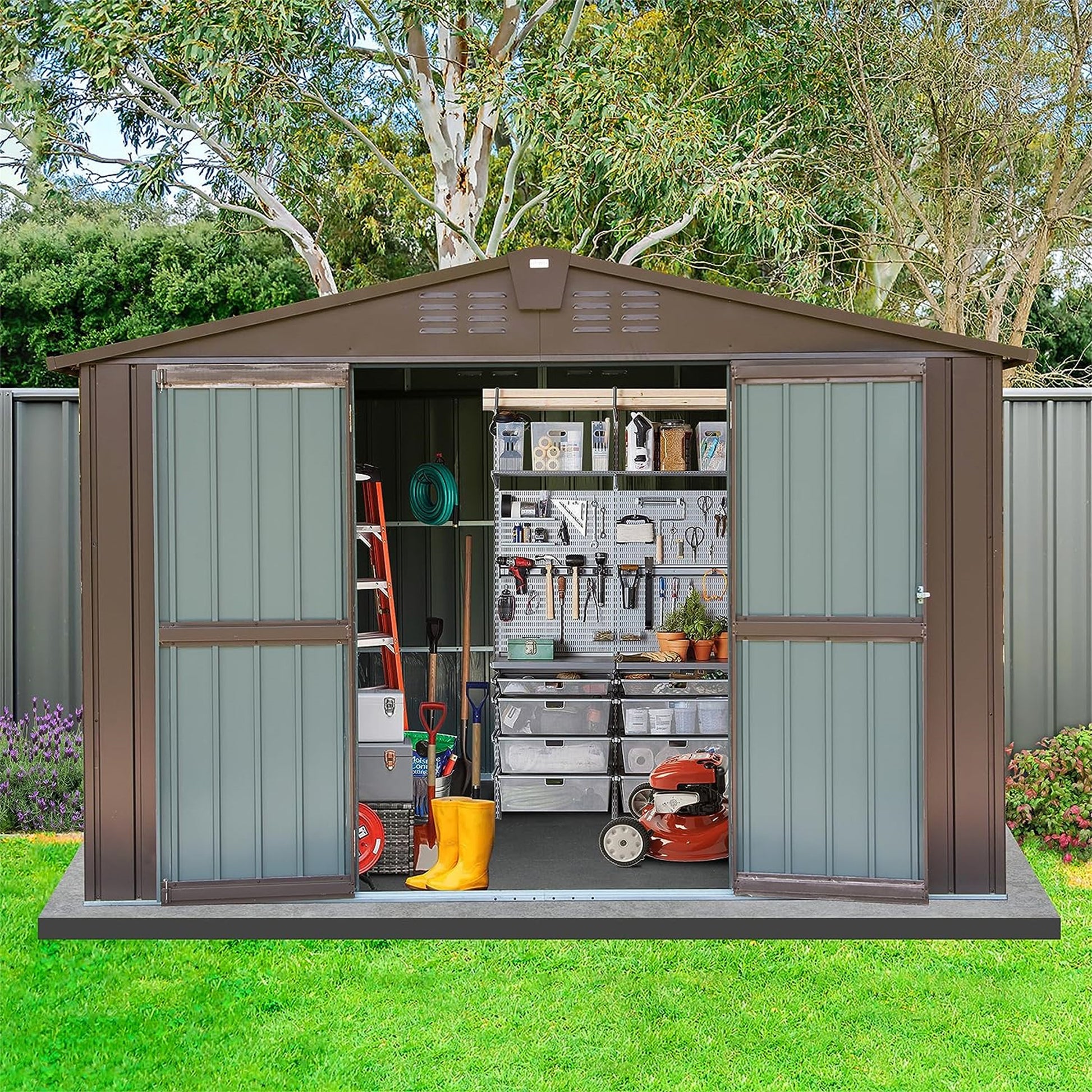 Outdoor Storage Shed 10'X8', Metal Tool Sheds Storage House With Lockable Double Door,Large Bike Shed Waterproof For Garden,Backyard,Lawn Brown Brown Metal