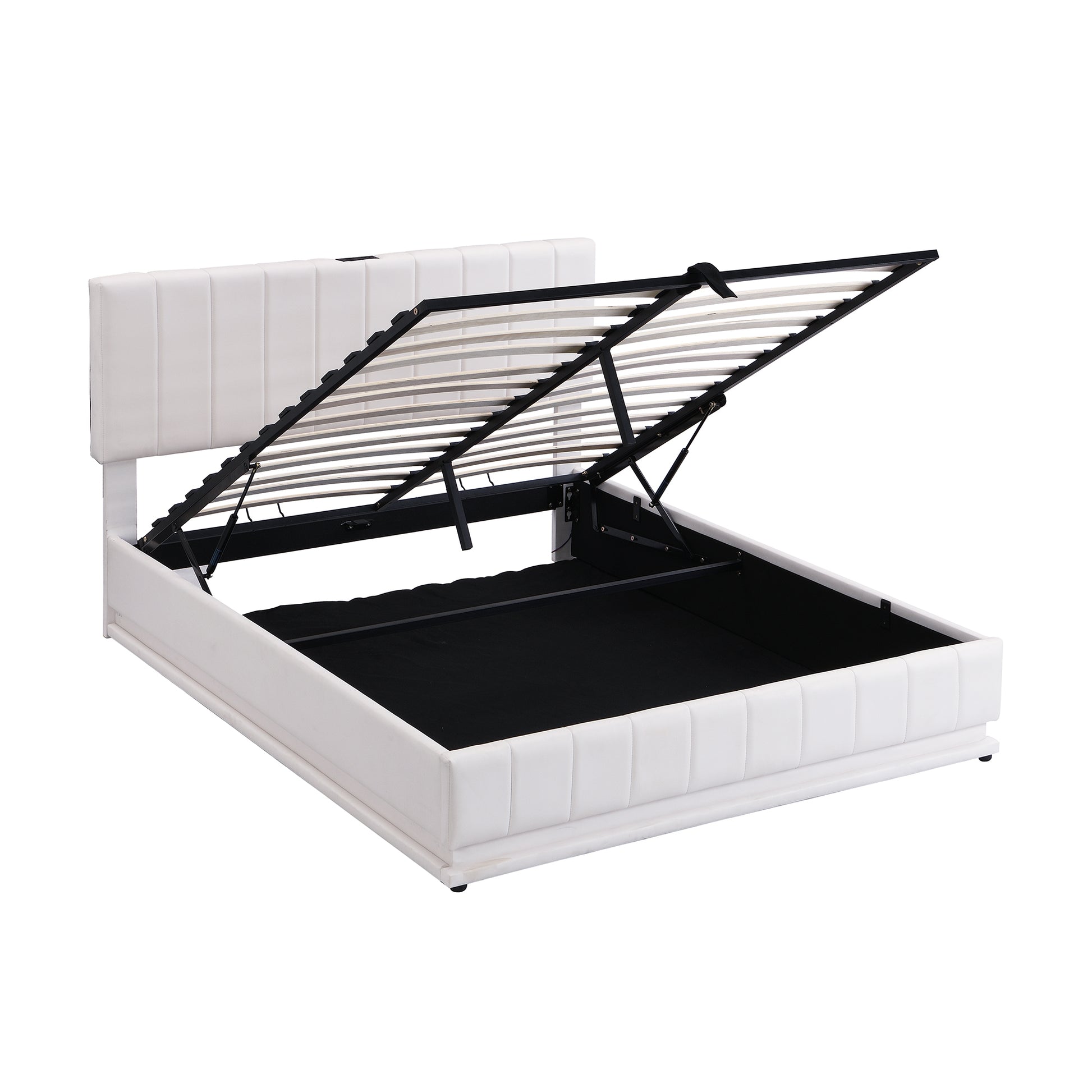 Queen Size Upholstered Bed With Hydraulic Storage System And Led Light, Modern Platform Bed With Sockets And Usb Ports, White White Pu Leather