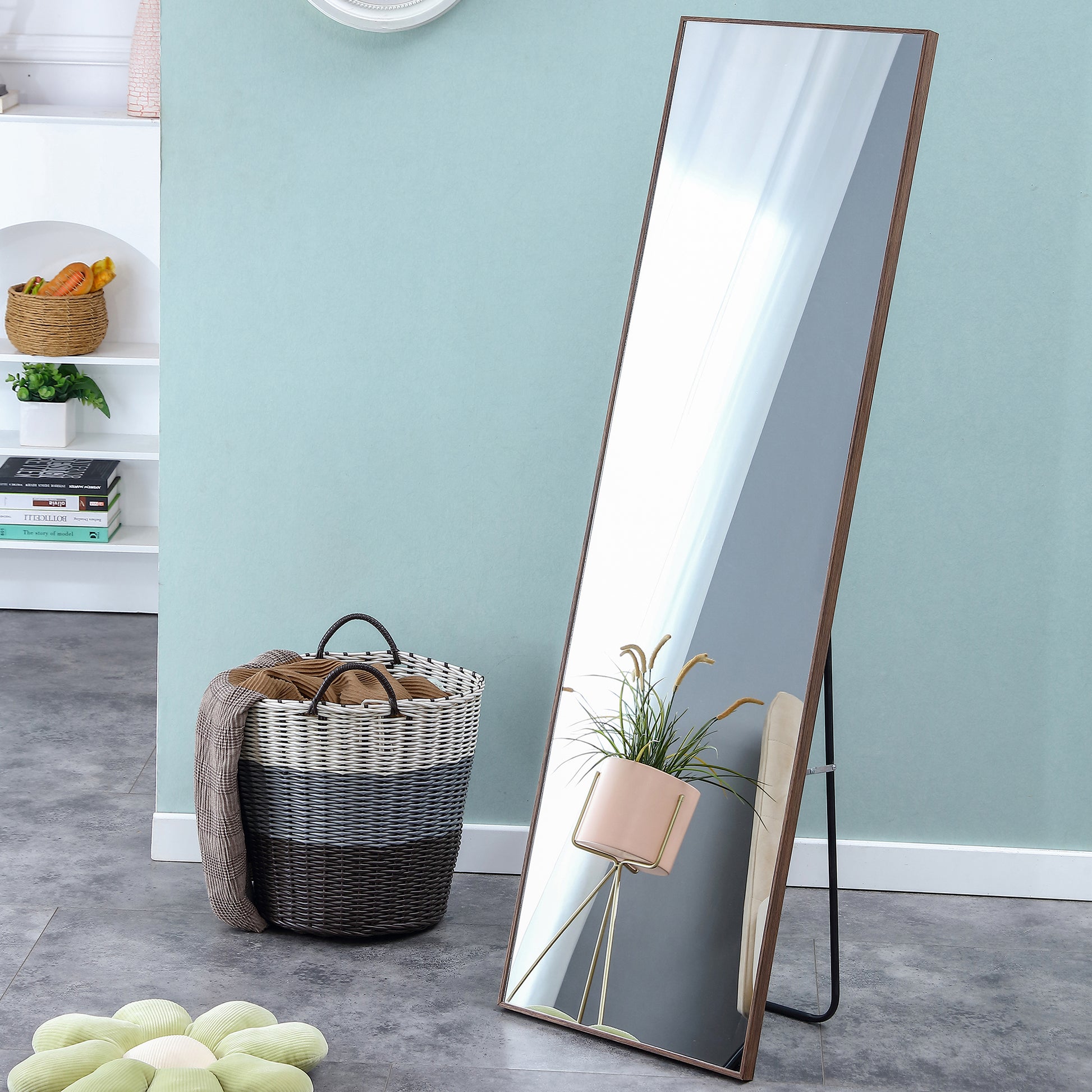 3Rd Generation Packaging Upgrade Brown Solid Wood Frame Full Length Mirror, Dressing Mirror, Bedroom Porch, Decorative Mirror, Clothing Store, Floor Standing Large Mirror. 58 "* 15" W115155945 Brown Glass