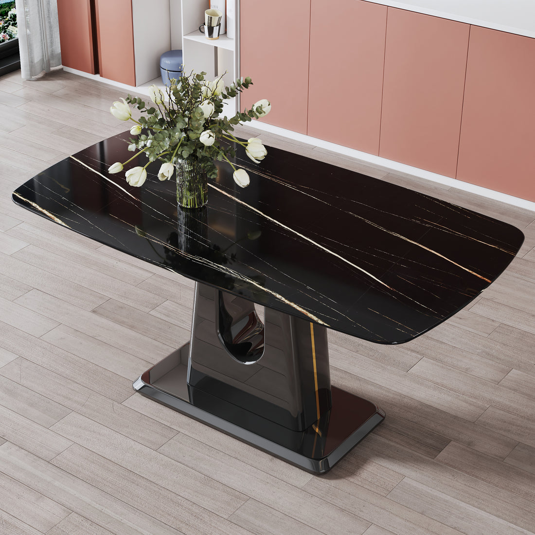 A Modern, Minimalist, And Luxurious Table. A Black Imitation Marble Tabletop With Mdf U Shaped Legs. Dining Table, Computer Table. For Restaurants And Living Rooms 63" * 35.4"* 30" F U Black Mdf Glass