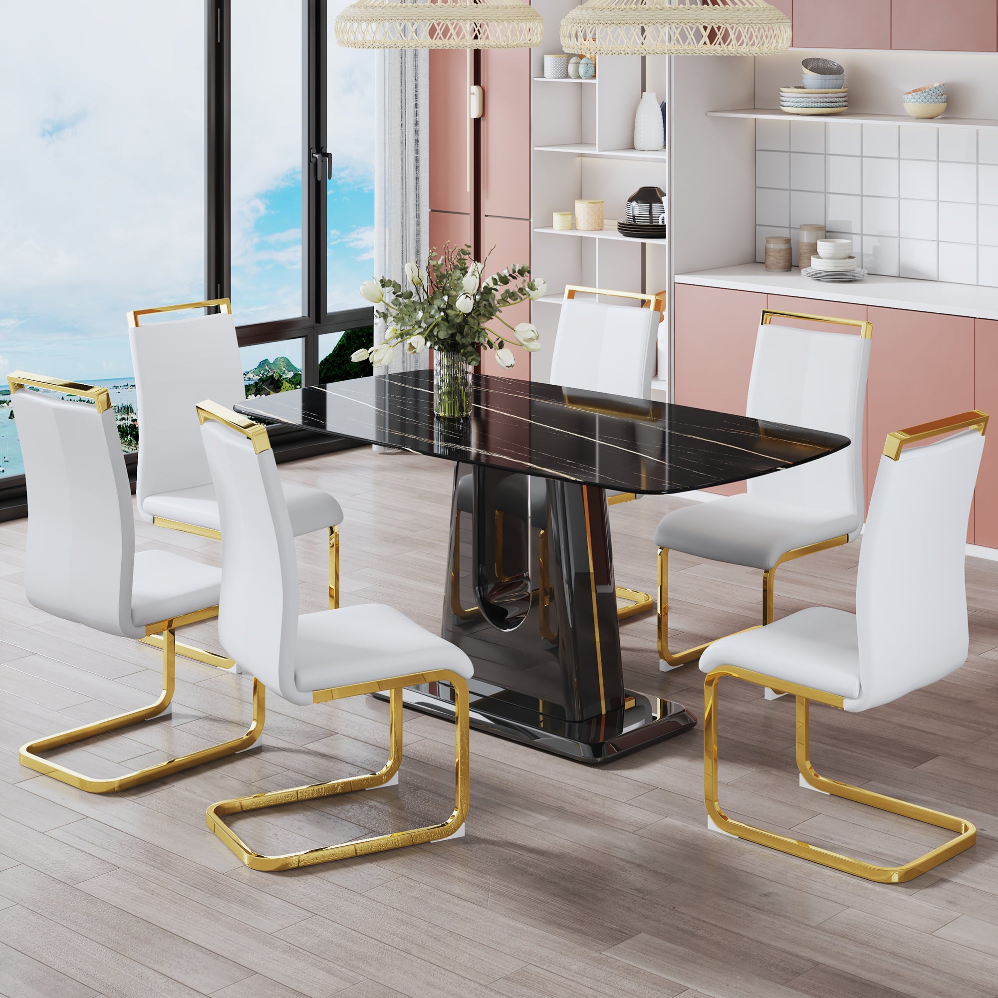 1 Table And 6 Chairs. Modern, Simple And Luxurious Black Imitation Marble Rectangular Dining Table And Desk With 6 White Pu Gold Plated Leg Chairs 63'' X 35.4'' X 30'' White Black Mdf