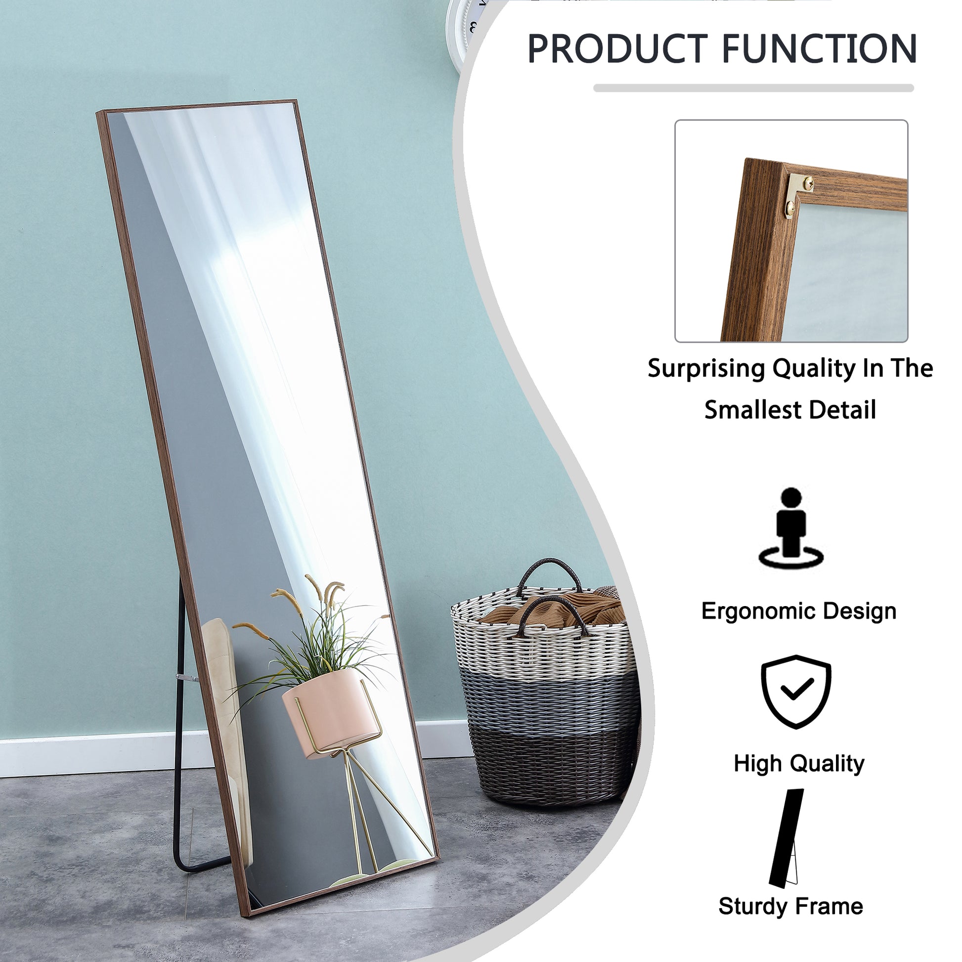 3Rd Generation Packaging Upgrade Brown Solid Wood Frame Full Length Mirror, Dressing Mirror, Bedroom Porch, Decorative Mirror, Clothing Store, Floor Standing Large Mirror. 58 "* 15" W115155945 Brown Glass