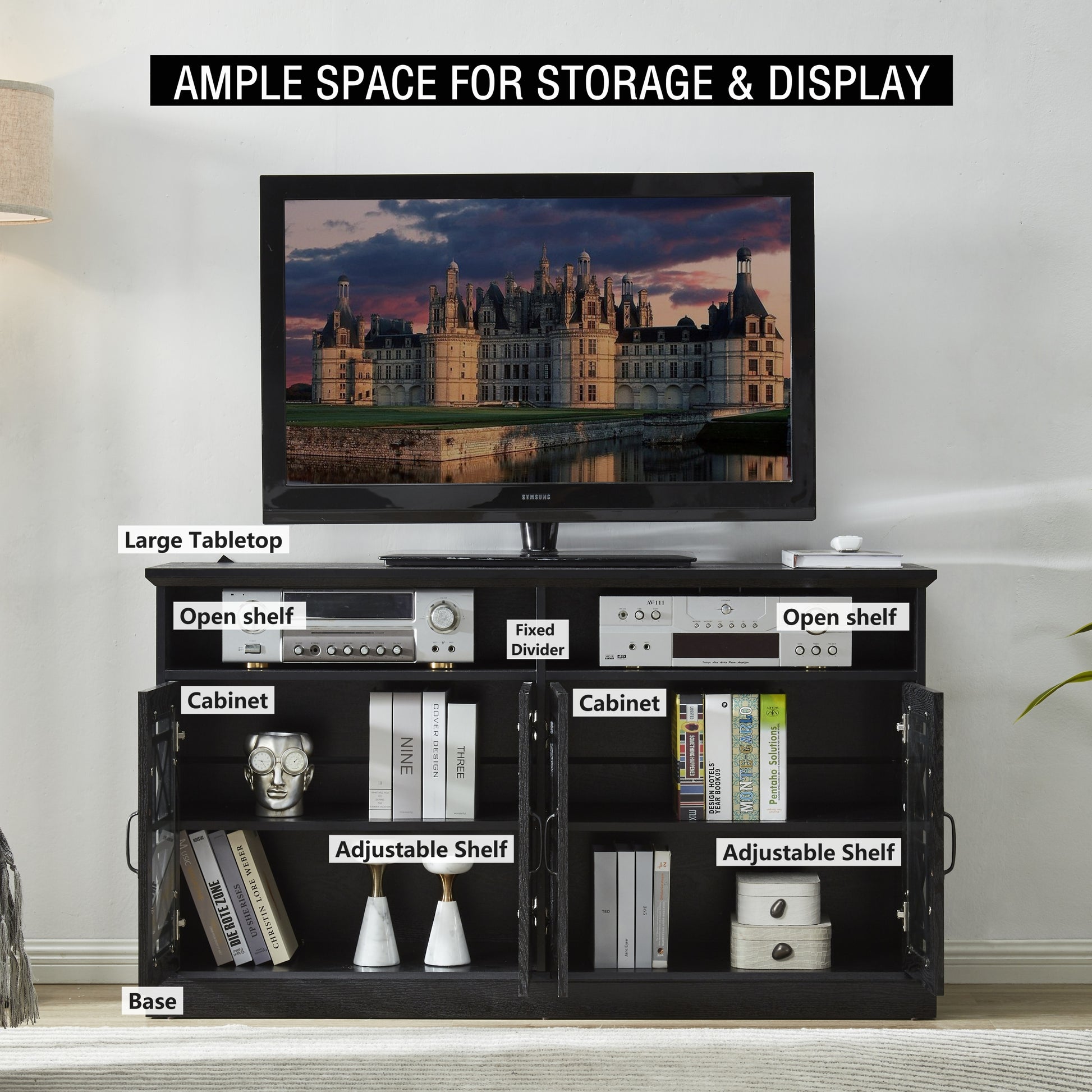 53" TV Console Storage Buffet Cabinet Sideboard, Black black-dining room-adjustabel shelves-mdf+glass