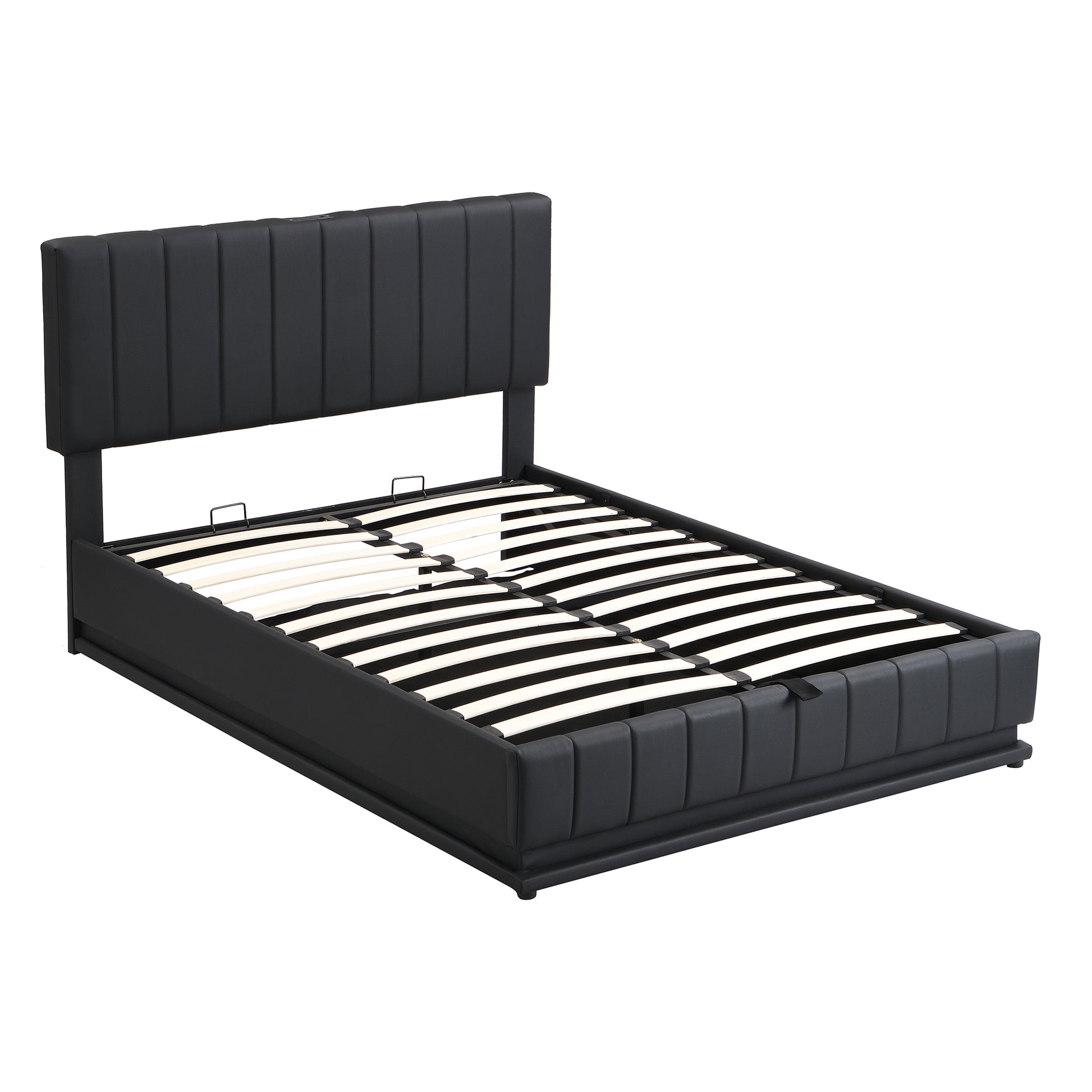 Full Size Upholstered Bed With Hydraulic Storage System And Led Light, Modern Platform Bed With Sockets And Usb Ports, Black Black Pu Leather
