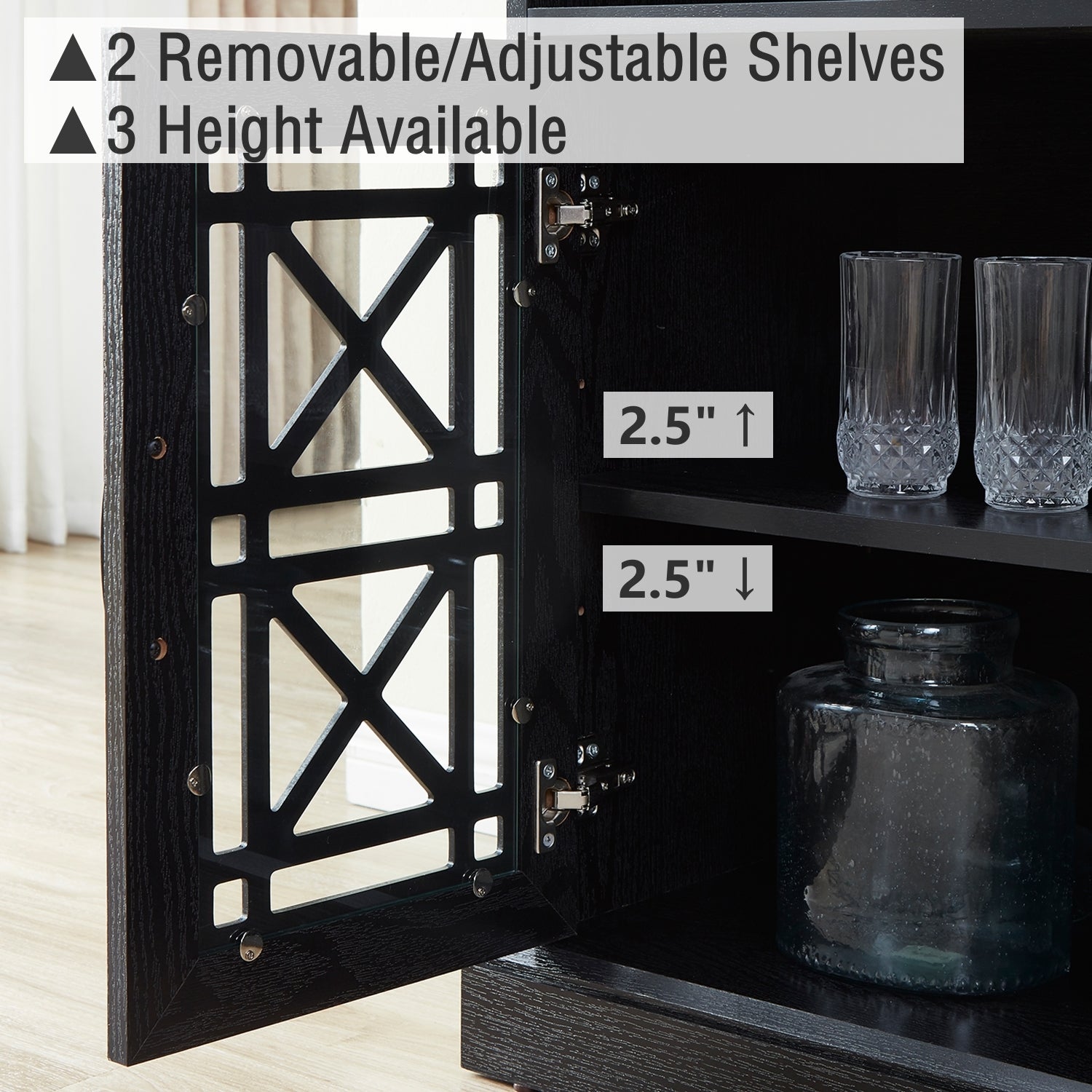 53" TV Console Storage Buffet Cabinet Sideboard, Black black-dining room-adjustabel shelves-mdf+glass