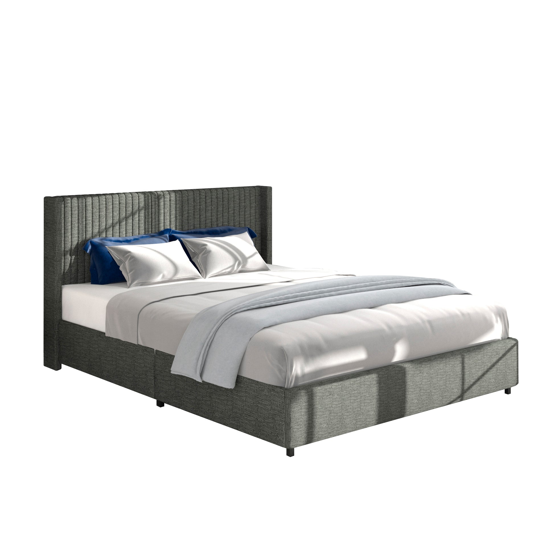 Anna Queen Size Gray Linen Upholstered Wingback Platform Bed With Patented 4 Drawers Storage, Modern Design Headboard With Tight Channel, Wooden Slat Mattress Support No Box Spring Needed Box Spring Not Required Queen Gray Metal Bedroom