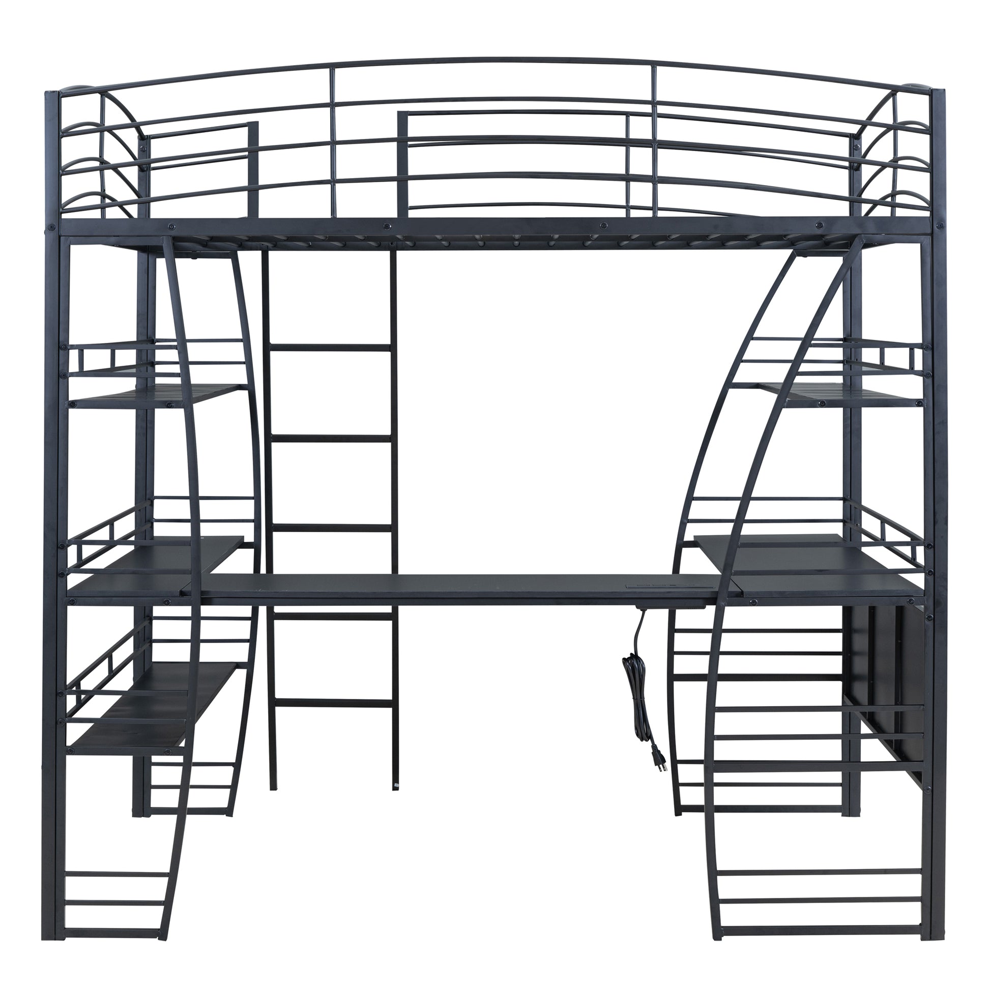 Full Size Loft Bed With 4 Layers Of Shelves And L Shaped Desk, Stylish Metal Frame Bed With A Set Of Sockets, Usb Ports And Wireless Charging, Black Black Metal