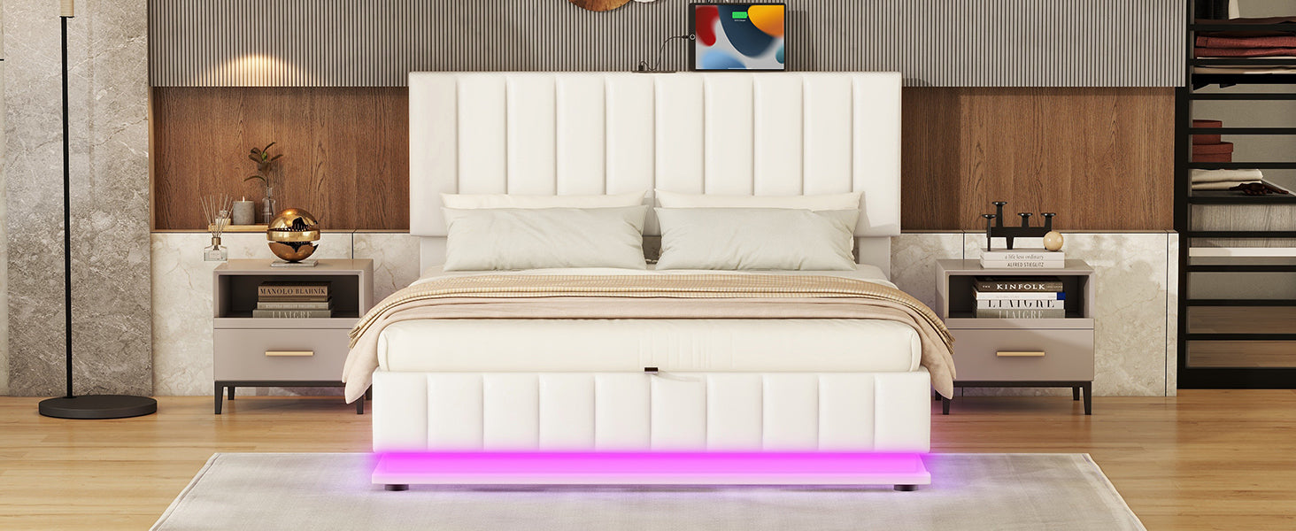 Queen Size Upholstered Bed With Hydraulic Storage System And Led Light, Modern Platform Bed With Sockets And Usb Ports, White White Pu Leather
