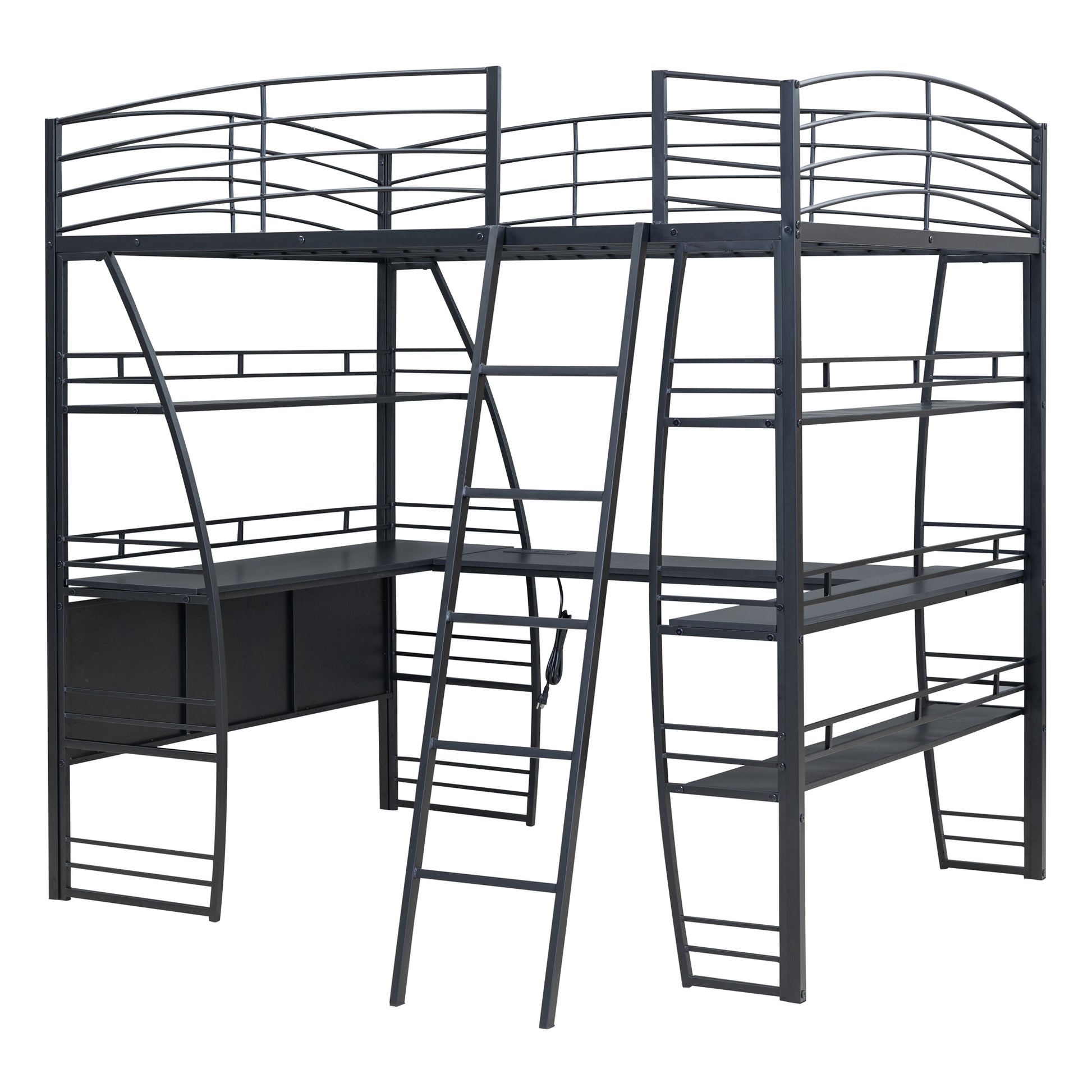 Full Size Loft Bed With 4 Layers Of Shelves And L Shaped Desk, Stylish Metal Frame Bed With A Set Of Sockets, Usb Ports And Wireless Charging, Black Black Metal