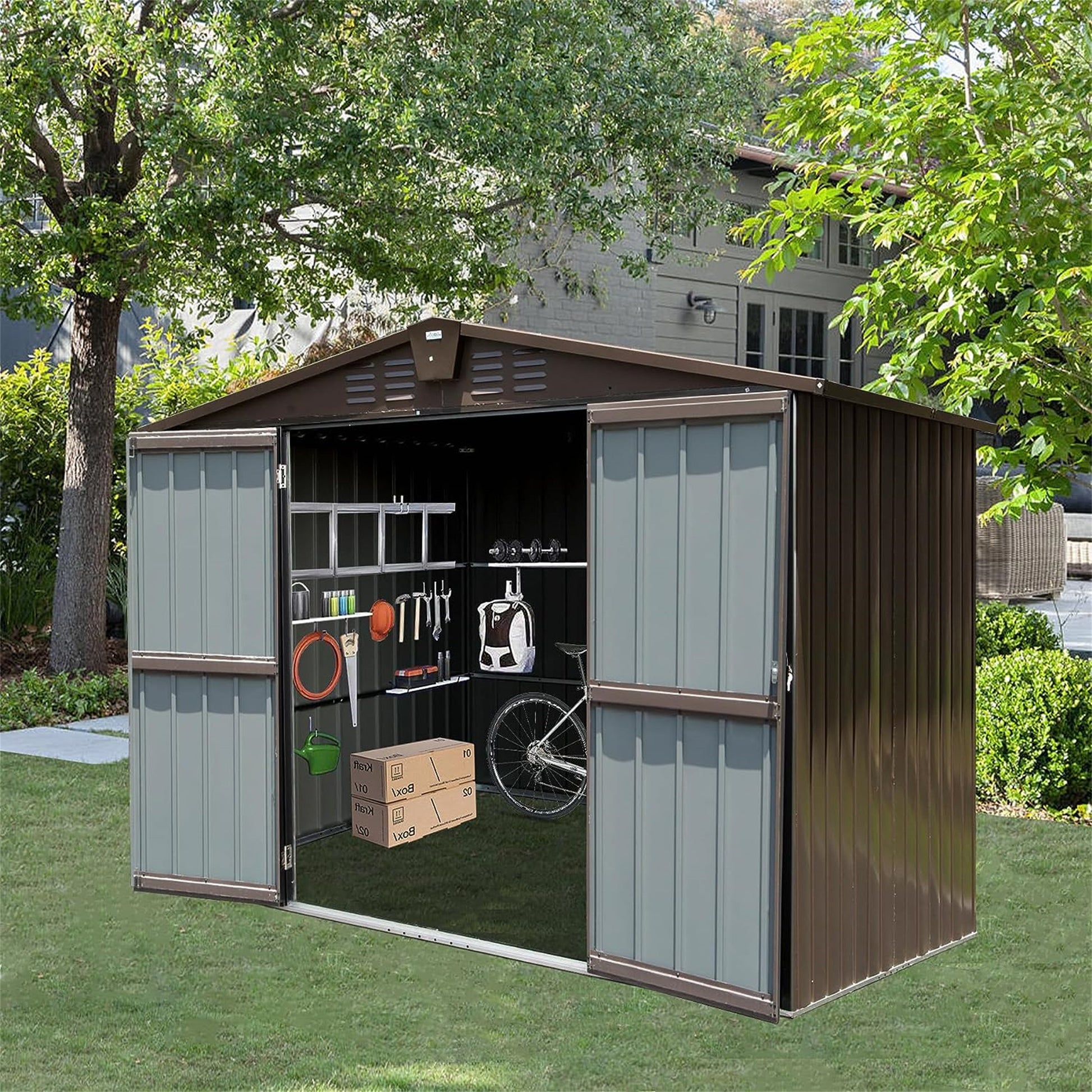 Outdoor Storage Shed 10'X8', Metal Tool Sheds Storage House With Lockable Double Door,Large Bike Shed Waterproof For Garden,Backyard,Lawn Brown Brown Metal