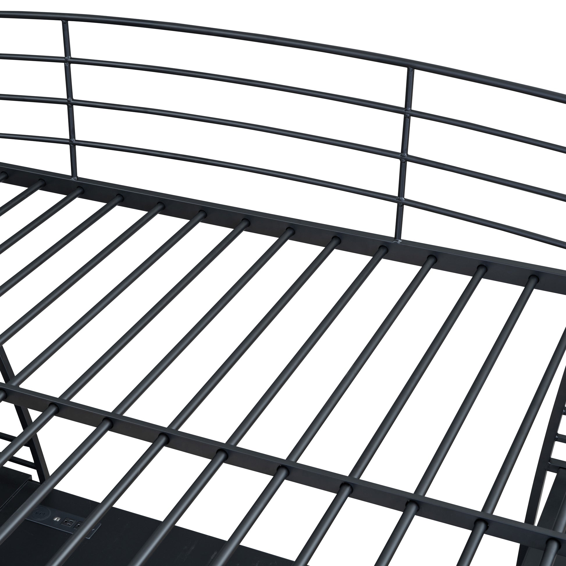 Full Size Loft Bed With 4 Layers Of Shelves And L Shaped Desk, Stylish Metal Frame Bed With A Set Of Sockets, Usb Ports And Wireless Charging, Black Black Metal