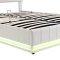 Queen Size Upholstered Bed With Hydraulic Storage System And Led Light, Modern Platform Bed With Sockets And Usb Ports, White White Pu Leather