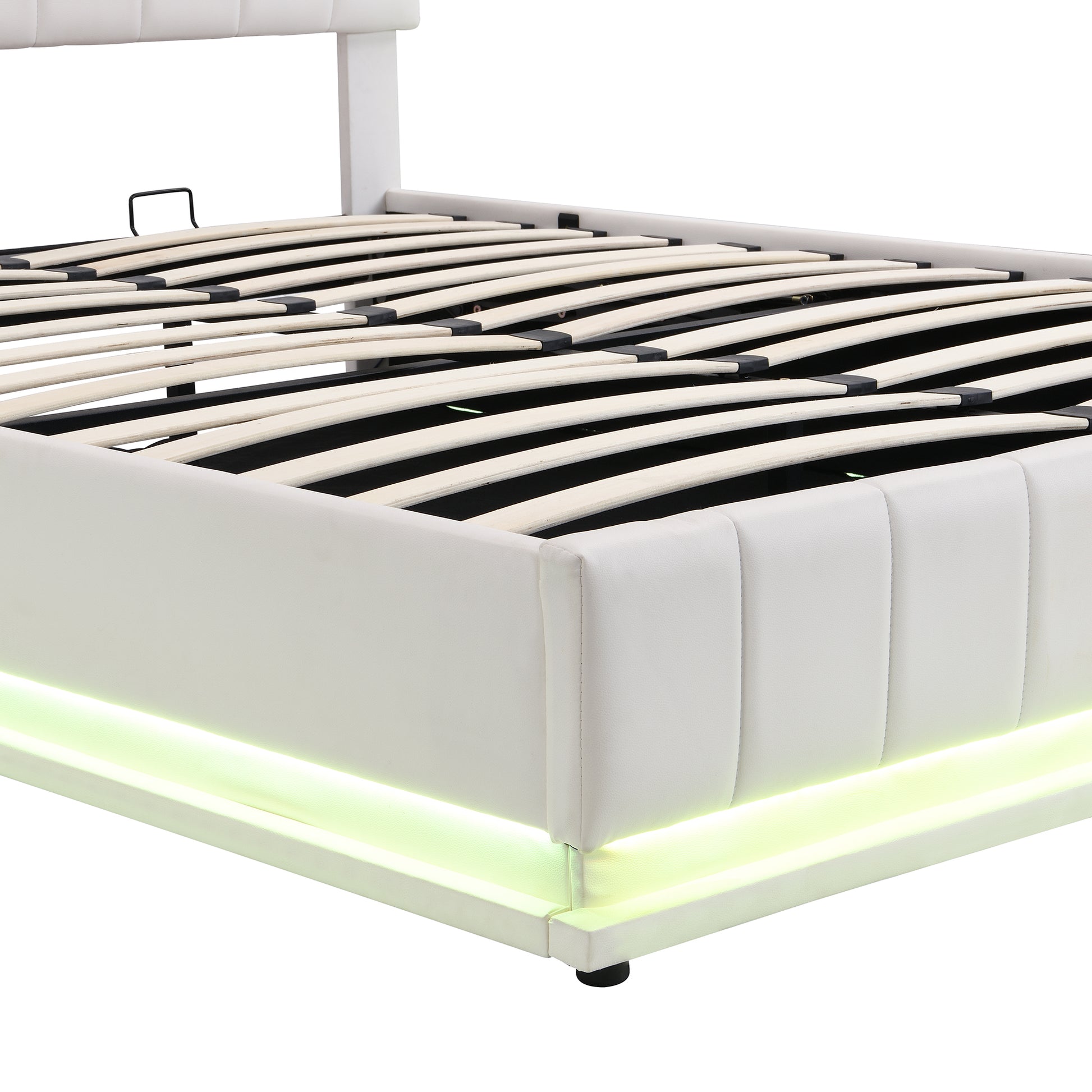 Queen Size Upholstered Bed With Hydraulic Storage System And Led Light, Modern Platform Bed With Sockets And Usb Ports, White White Pu Leather