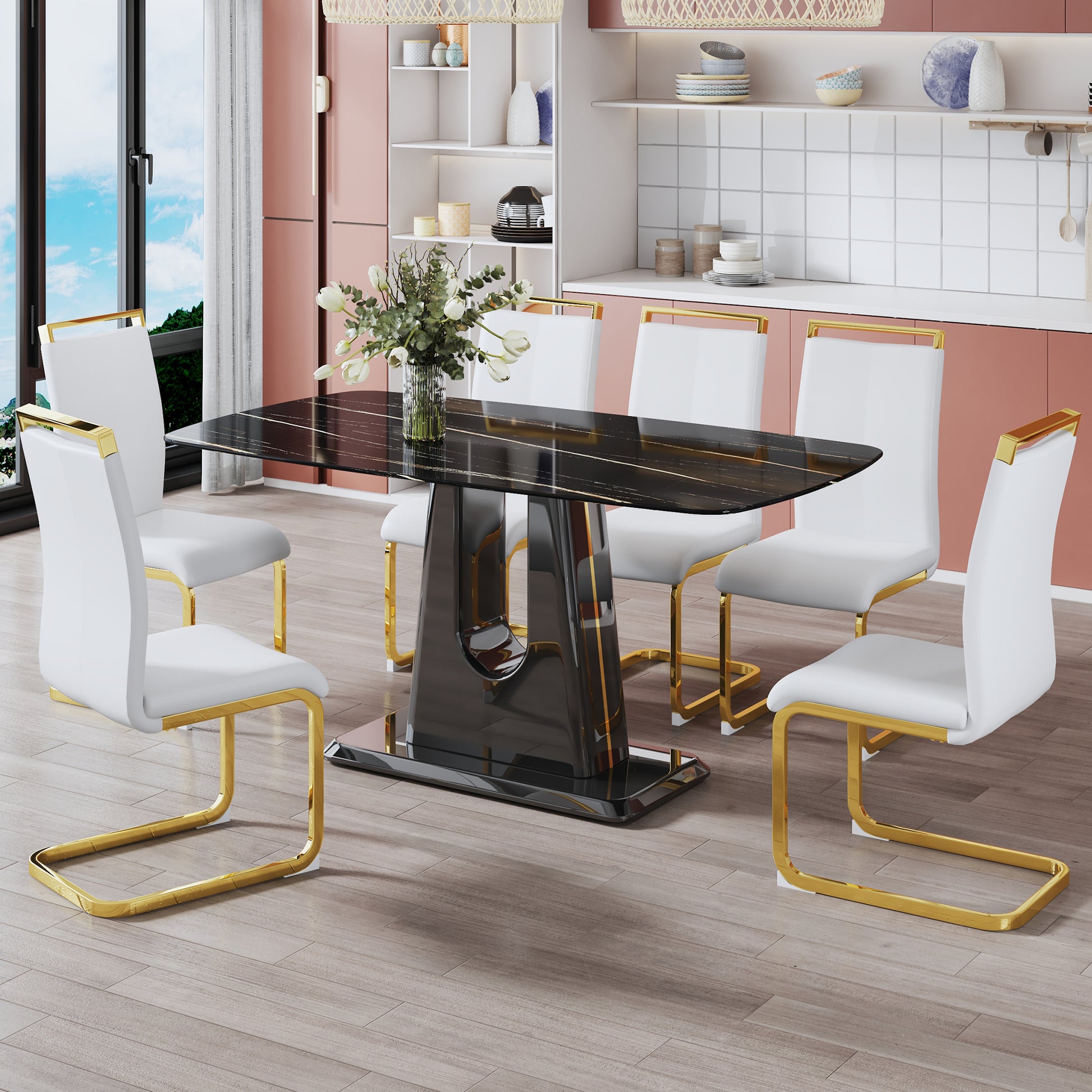 1 Table And 6 Chairs. Modern, Simple And Luxurious Black Imitation Marble Rectangular Dining Table And Desk With 6 White Pu Gold Plated Leg Chairs 63'' X 35.4'' X 30'' White Black Mdf