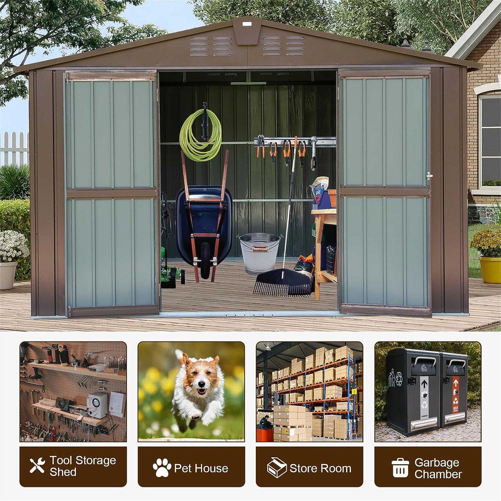 Outdoor Storage Shed 10'X8', Metal Tool Sheds Storage House With Lockable Double Door,Large Bike Shed Waterproof For Garden,Backyard,Lawn Brown Brown Metal