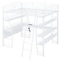 Full Size Loft Bed With 4 Layers Of Shelves And L Shaped Desk, Stylish Metal Frame Bed With A Set Of Sockets, Usb Ports And And Wireless Charging, White White Metal