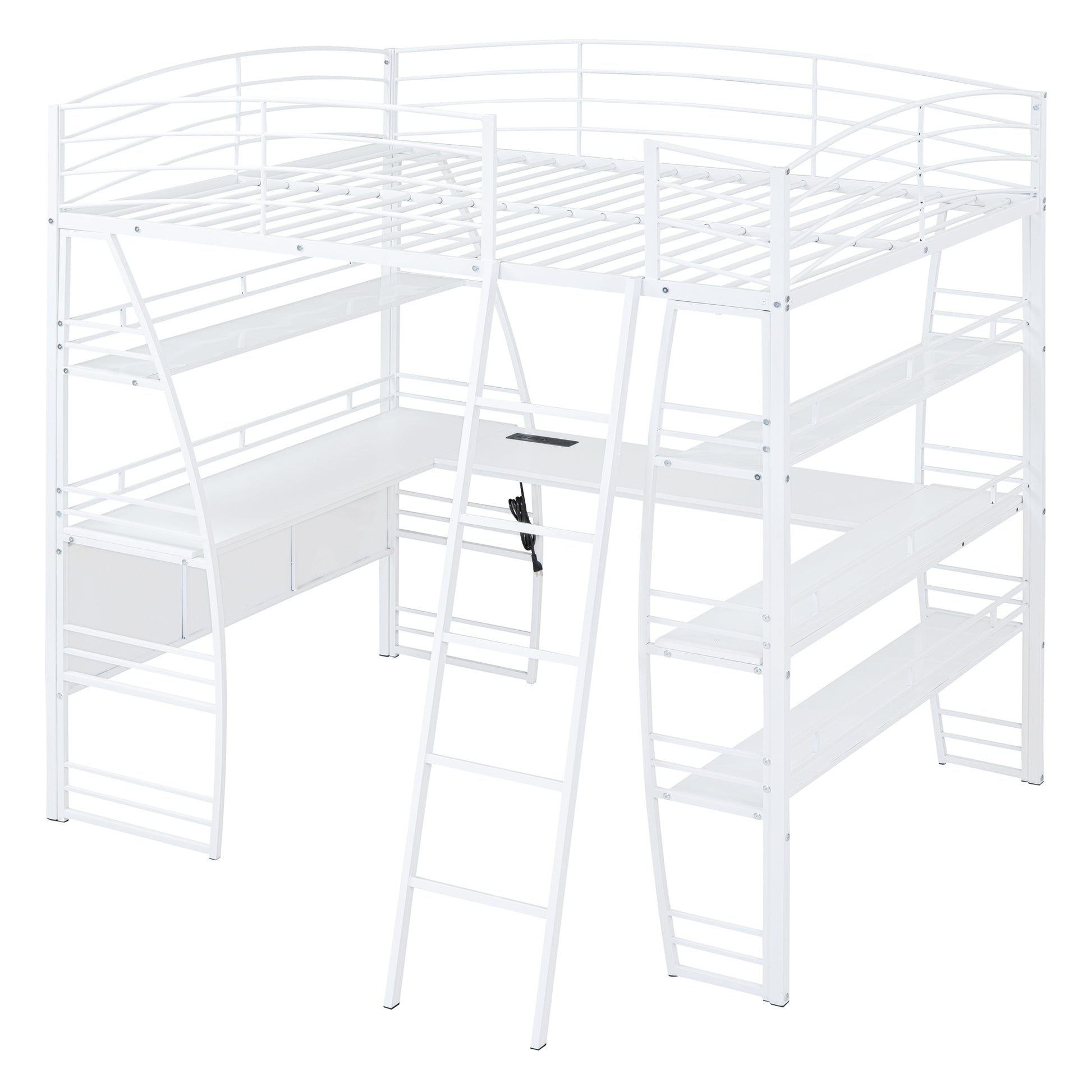 Full Size Loft Bed With 4 Layers Of Shelves And L Shaped Desk, Stylish Metal Frame Bed With A Set Of Sockets, Usb Ports And And Wireless Charging, White White Metal