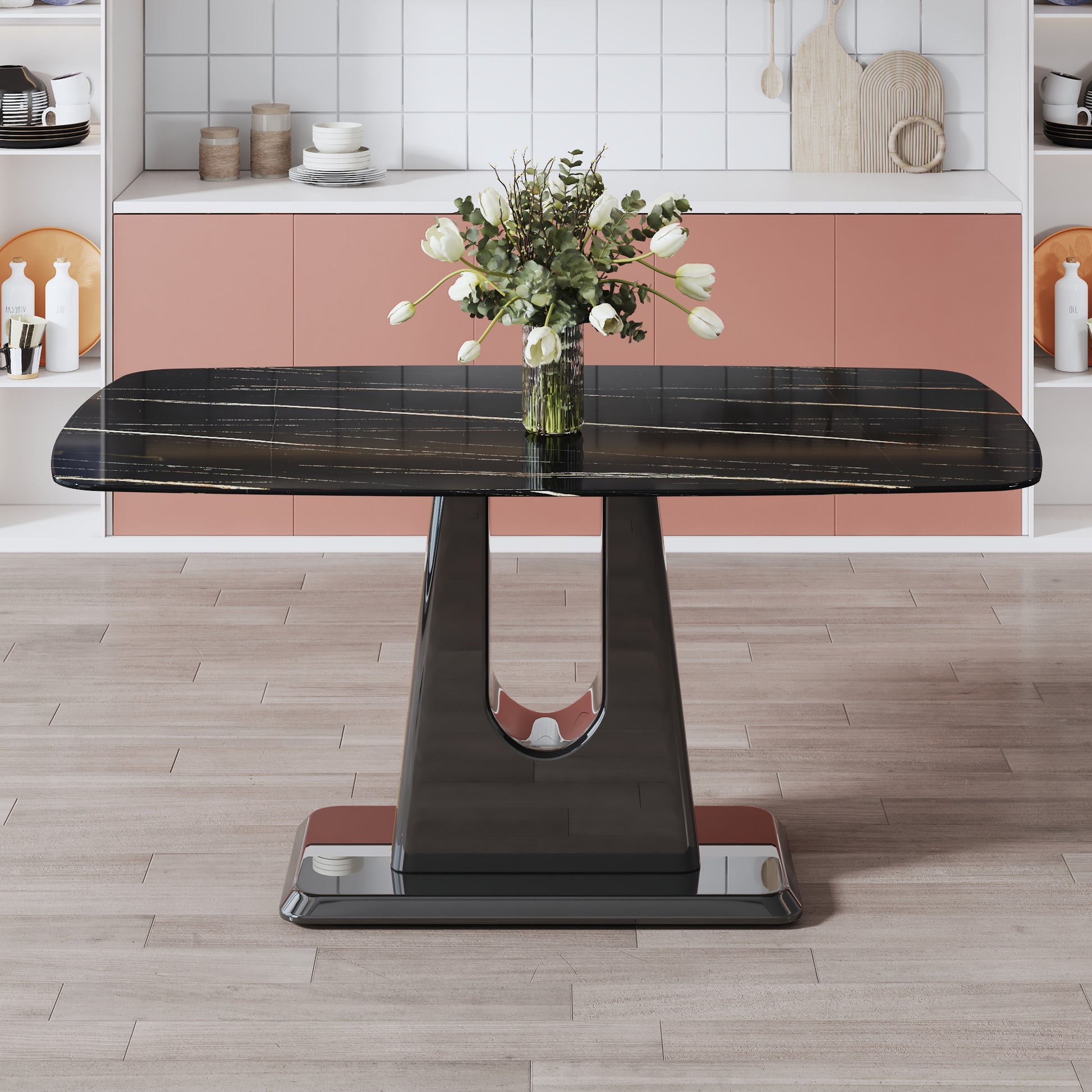 A Modern, Minimalist, And Luxurious Table. A Black Imitation Marble Tabletop With Mdf U Shaped Legs. Dining Table, Computer Table. For Restaurants And Living Rooms 63" * 35.4"* 30" F U Black Mdf Glass