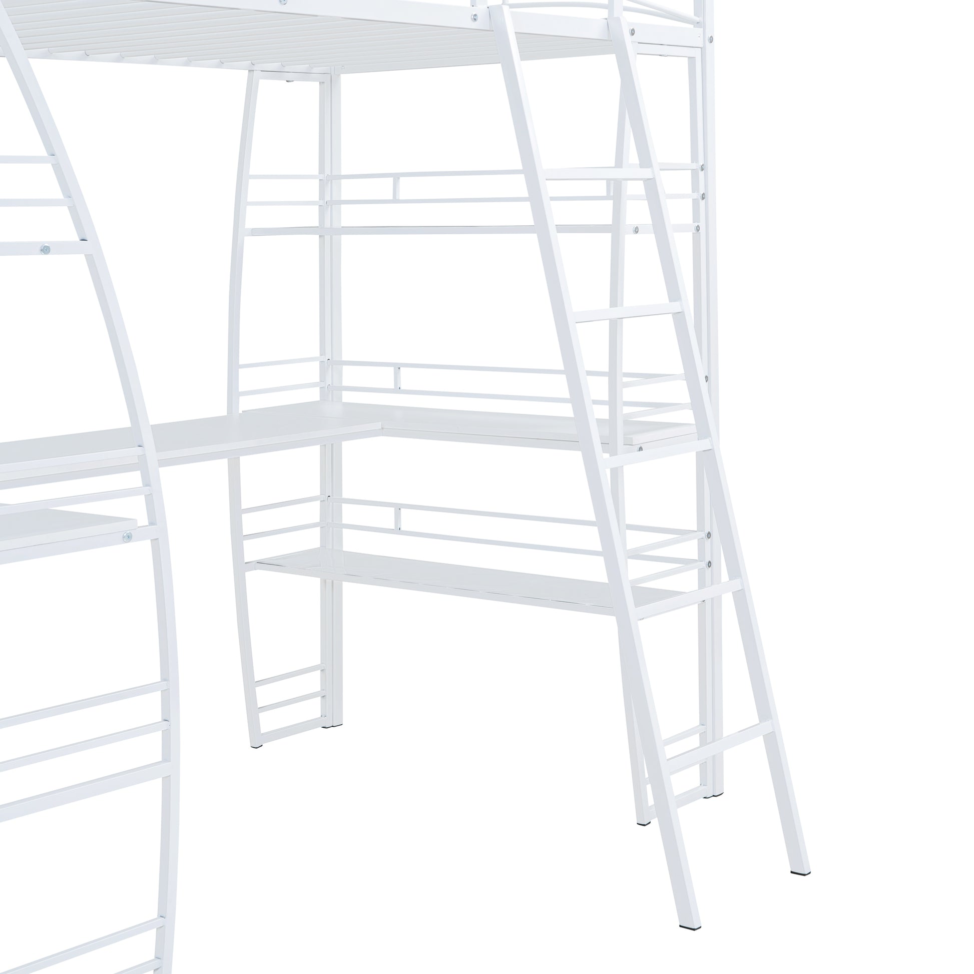 Twin Size Loft Bed With 4 Layers Of Shelves And L Shaped Desk, Stylish Metal Frame Bed With A Set Of Sockets, Usb Ports And And Wireless Charging, White White Metal
