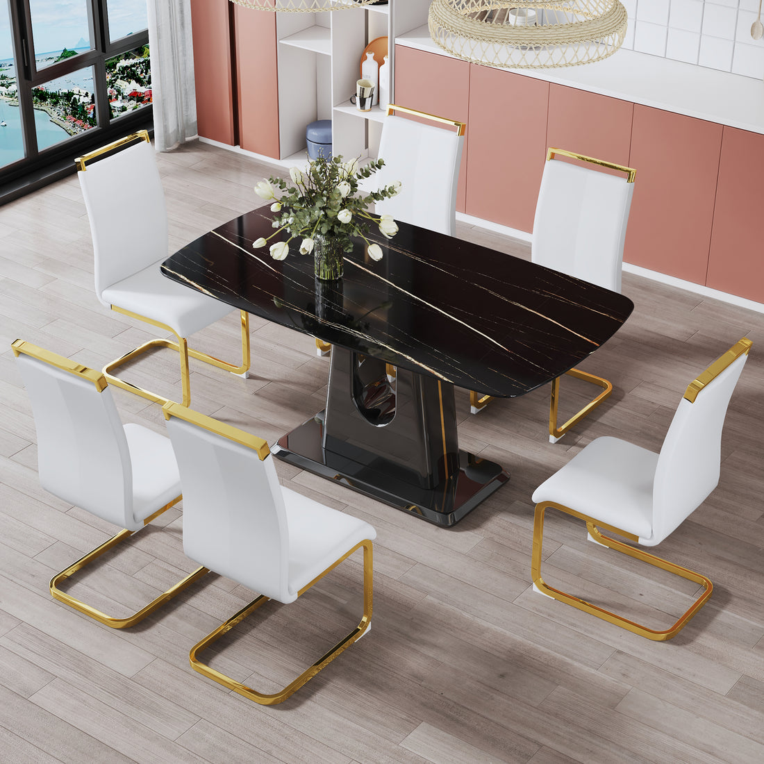 1 Table And 6 Chairs. Modern, Simple And Luxurious Black Imitation Marble Rectangular Dining Table And Desk With 6 White Pu Gold Plated Leg Chairs 63'' X 35.4'' X 30'' White Black Mdf