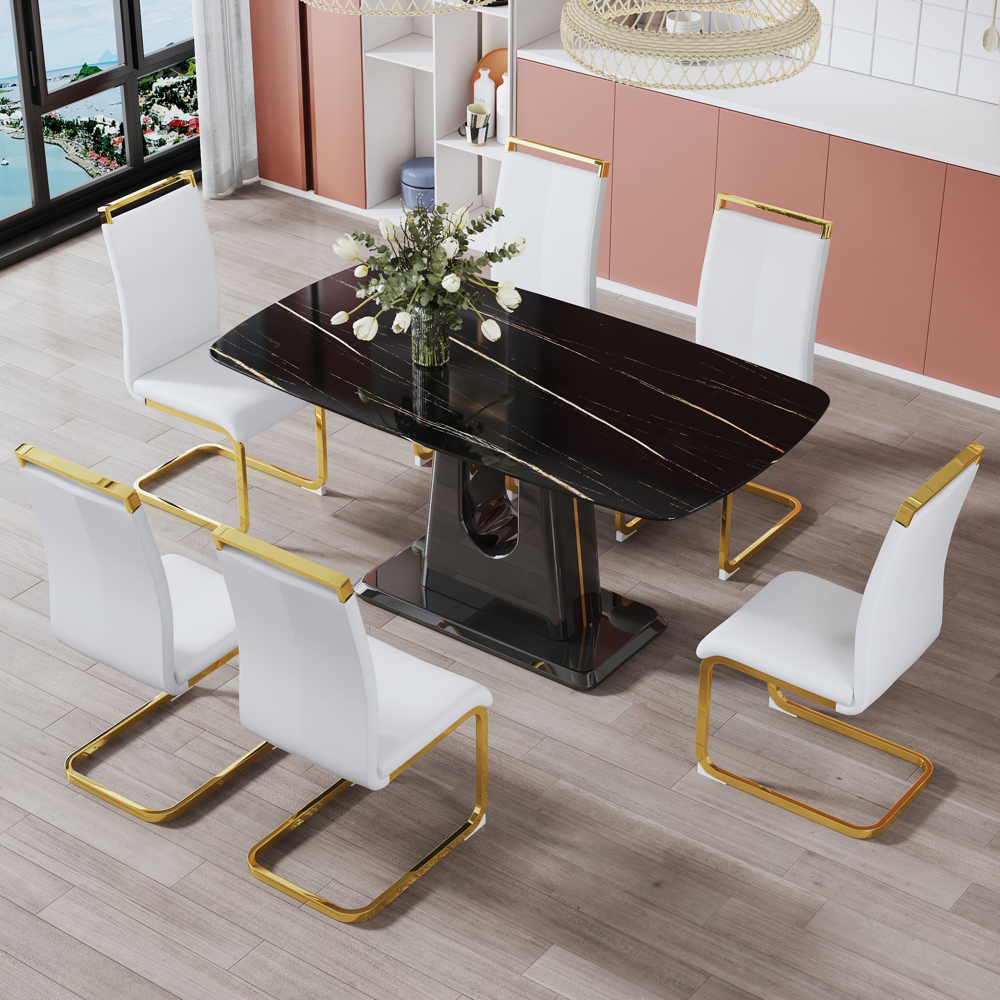 A Modern, Minimalist, And Luxurious Table. A Black Imitation Marble Tabletop With Mdf U Shaped Legs. Dining Table, Computer Table. For Restaurants And Living Rooms 63" * 35.4"* 30" F U Black Mdf Glass