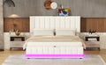 Queen Size Upholstered Bed With Hydraulic Storage System And Led Light, Modern Platform Bed With Sockets And Usb Ports, White White Pu Leather