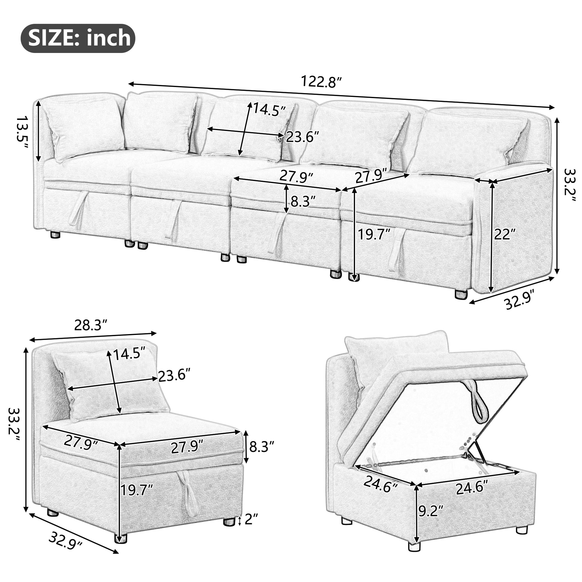 122.8" Convertible Modular Minimalist Sofa Free Combination 4 Seater Sofa Chenille Fabric Sectional Sofa With 5 Pillows For Living Room, Office, Apartment, Small Space, Gray Gray Foam Chenille 4 Seat