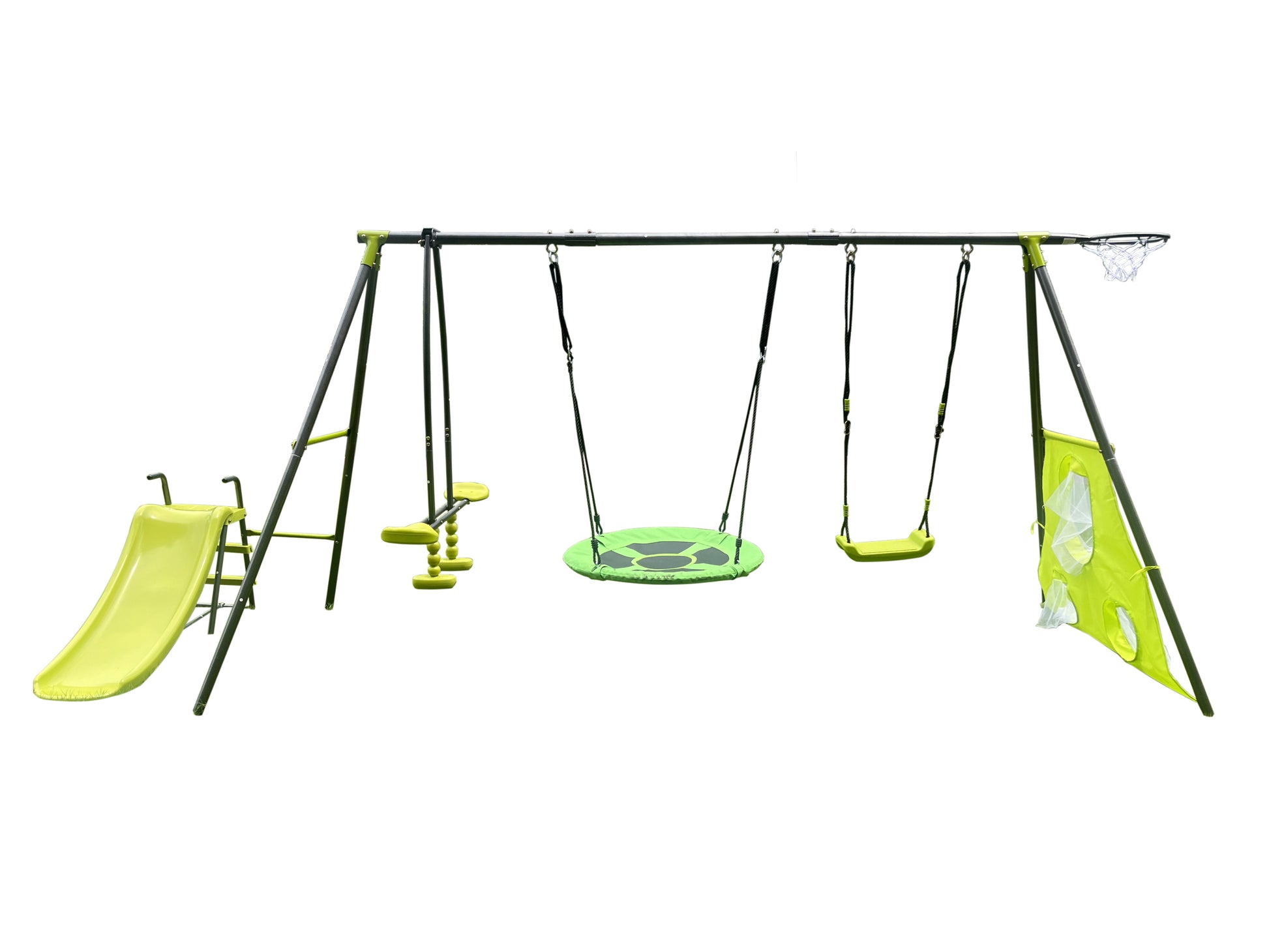 Xns052 Green And Blue Interesting Six Function Swingset With Net Swing Metal Plastic Safe Swing Set 440Lbs For Outdoor Playground For Age 3 With 31.5In Net Swing Green Steel