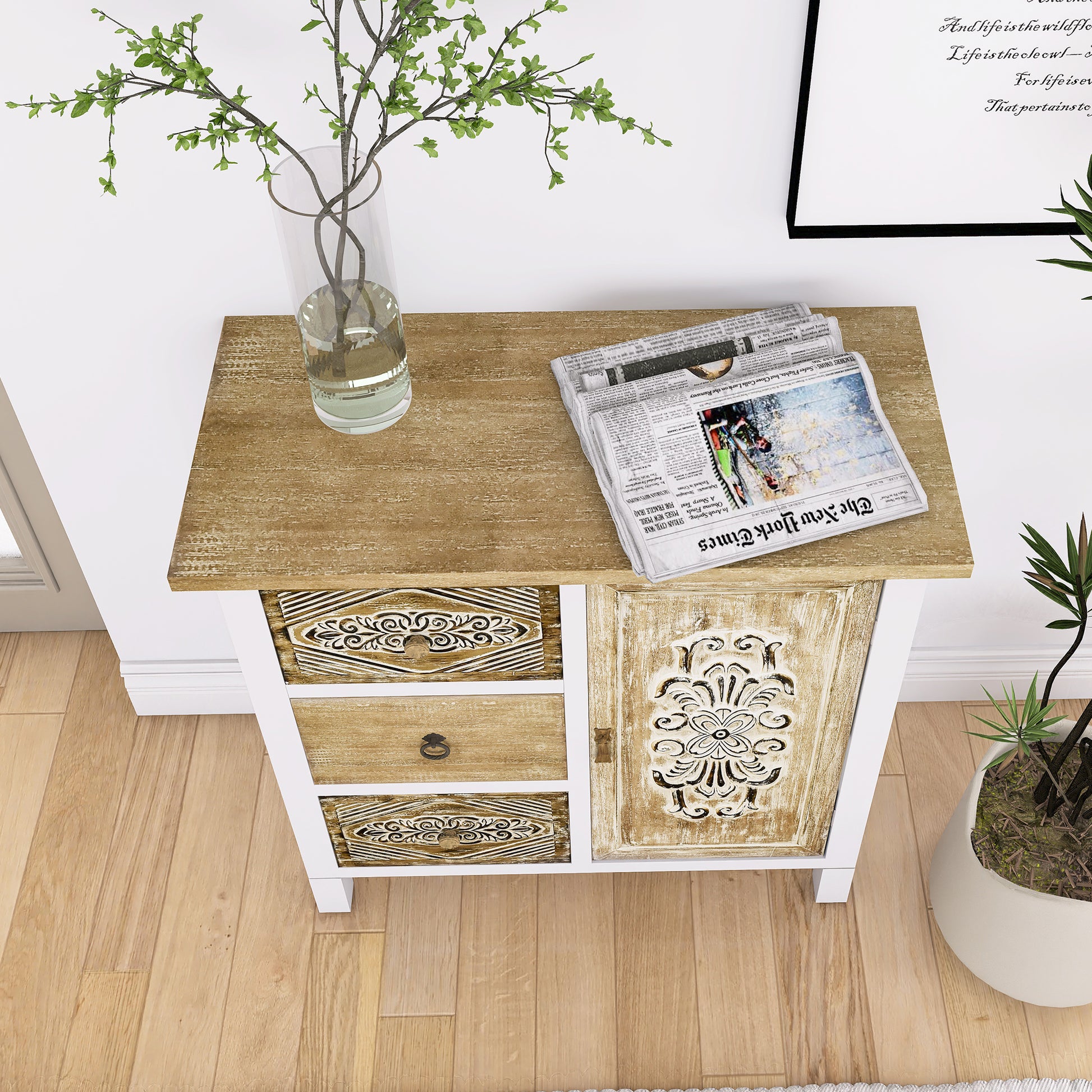 Hand Carved Accent Cabinet With Vintage Charm Versatile Storage And Distinctive Design Fully Assembled 3 4 Drawers White Washed Primary Living Space Shelves Included Wood