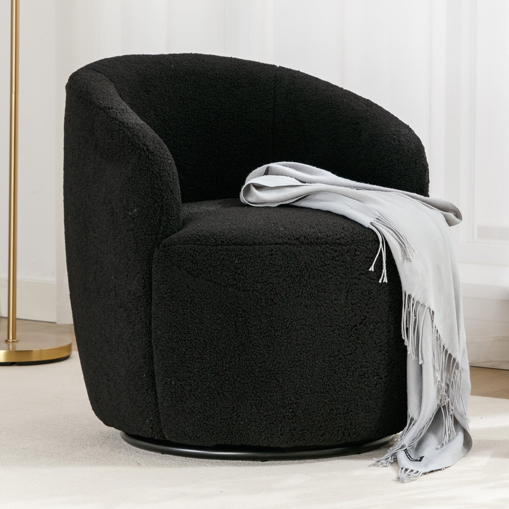 Teddy Fabric Swivel Accent Armchair Barrel Chair With Black Powder Coating Metal Ring,Black Black Foam Wool