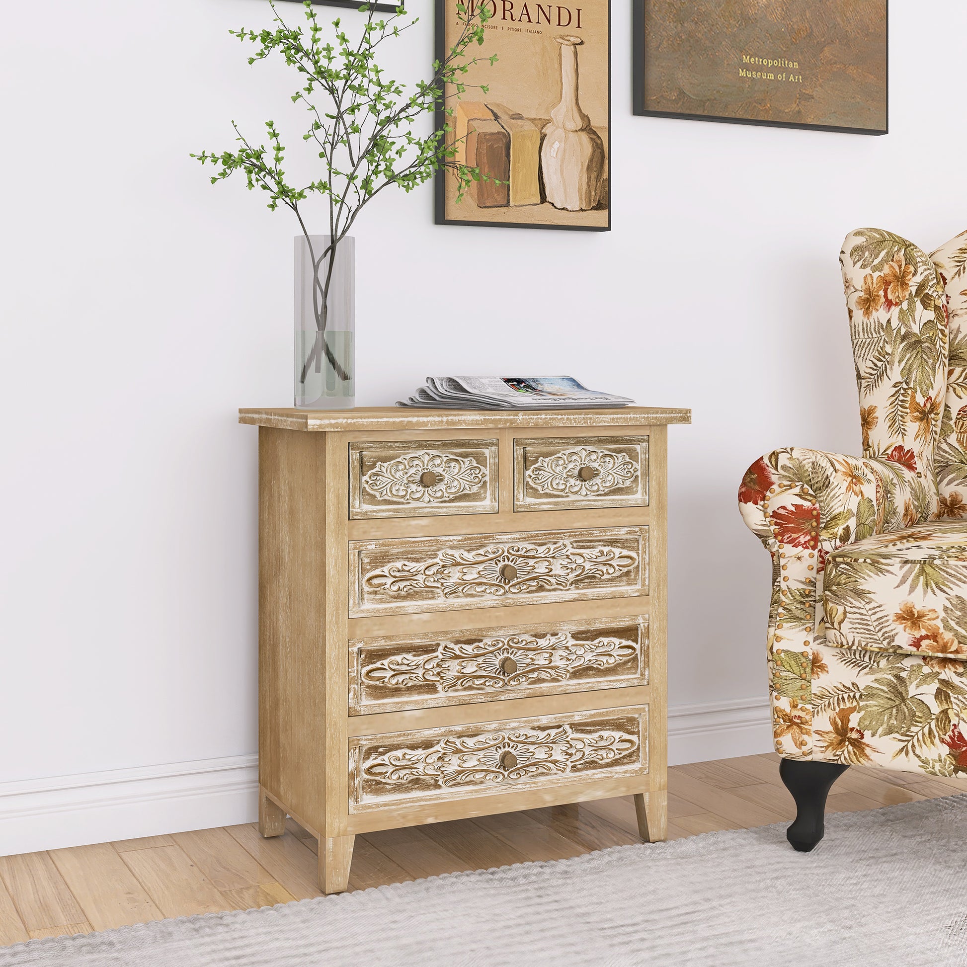 Hand Carved Accent Drawer With 5 Drawers Traditional Craftsman And Functionality Combined Antique Brown Wood