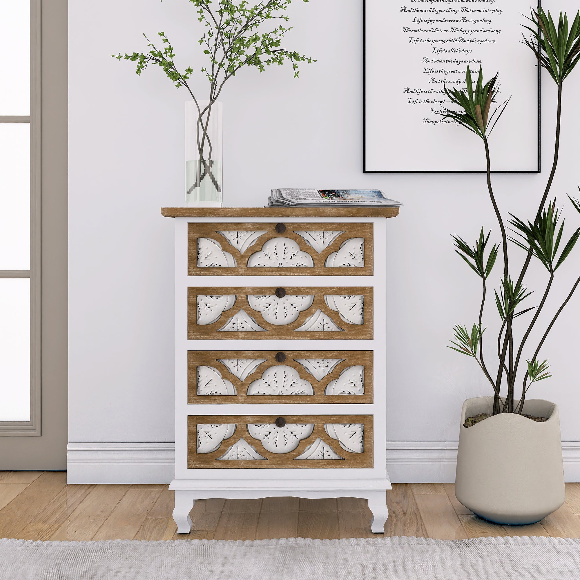 Vintage Accent Drawer With Carved Detailing And Natural Wood Finish Elegance And Functionality Combined Accent Chests 3 4 Drawers White Washed Primary Living Space Drawers Included Wood