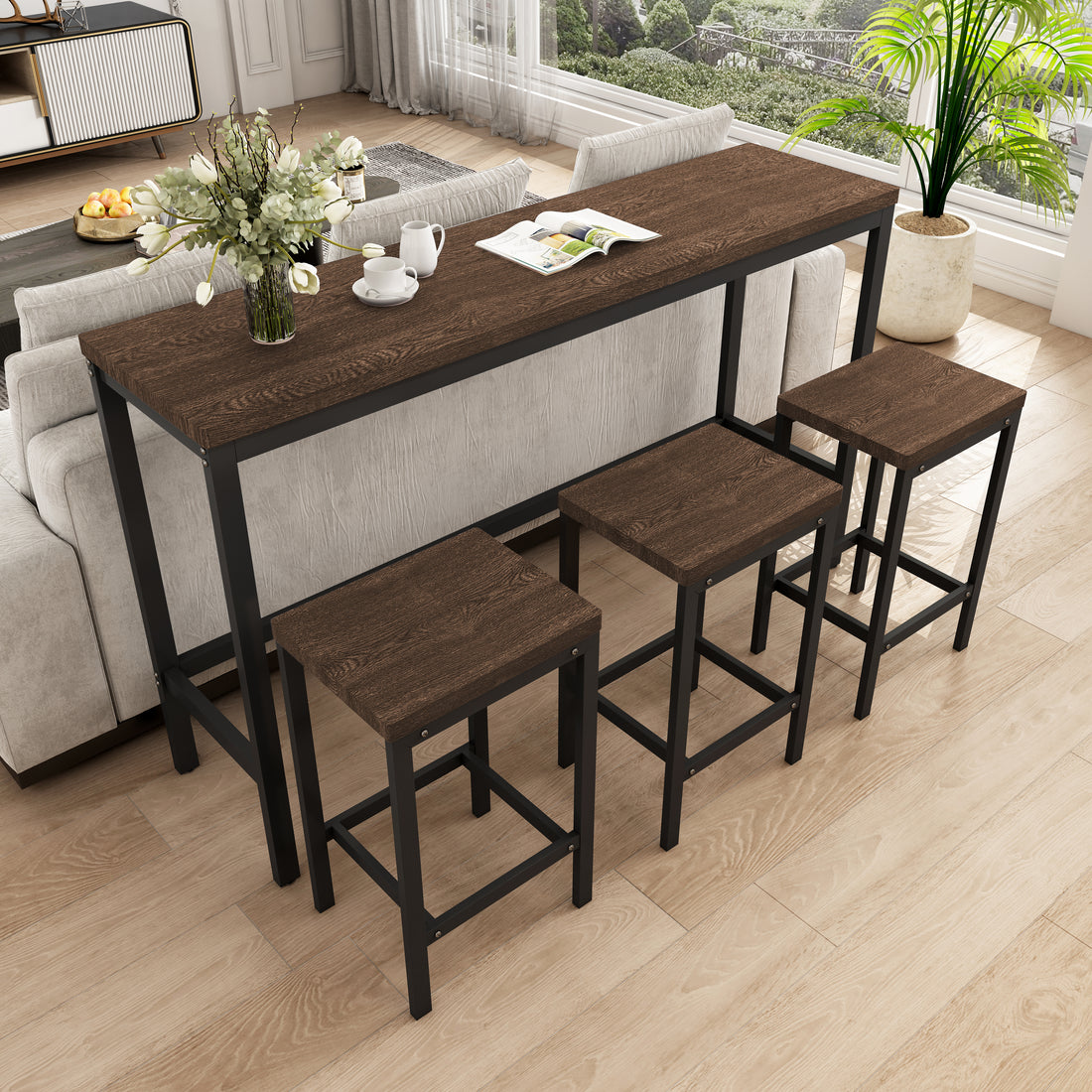 Modern Design Kitchen Dining Table,Pub Table,Long Dining Table Set With 3 Stools,Easy Assembly,Dark Brown Dark Brown Mdf