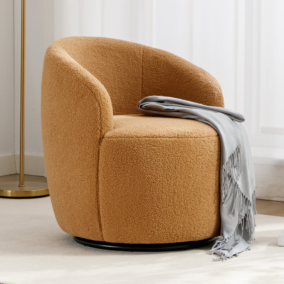 Teddy Fabric Swivel Accent Armchair Barrel Chair With Black Powder Coating Metal Ring,Khaki Khaki Foam Wool