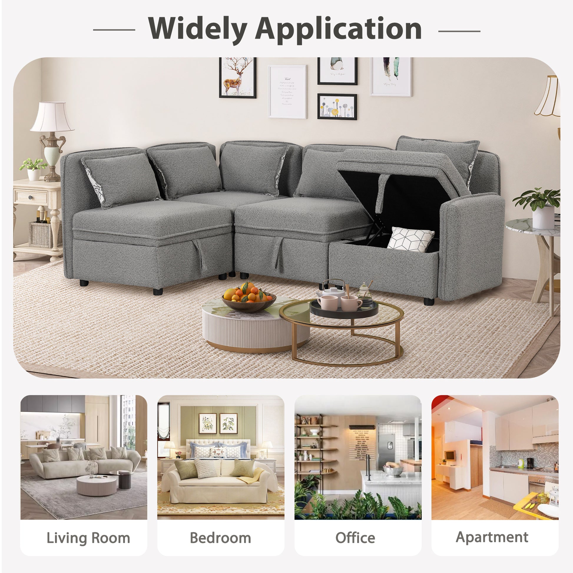 122.8" Convertible Modular Minimalist Sofa Free Combination 4 Seater Sofa Chenille Fabric Sectional Sofa With 5 Pillows For Living Room, Office, Apartment, Small Space, Gray Gray Foam Chenille 4 Seat