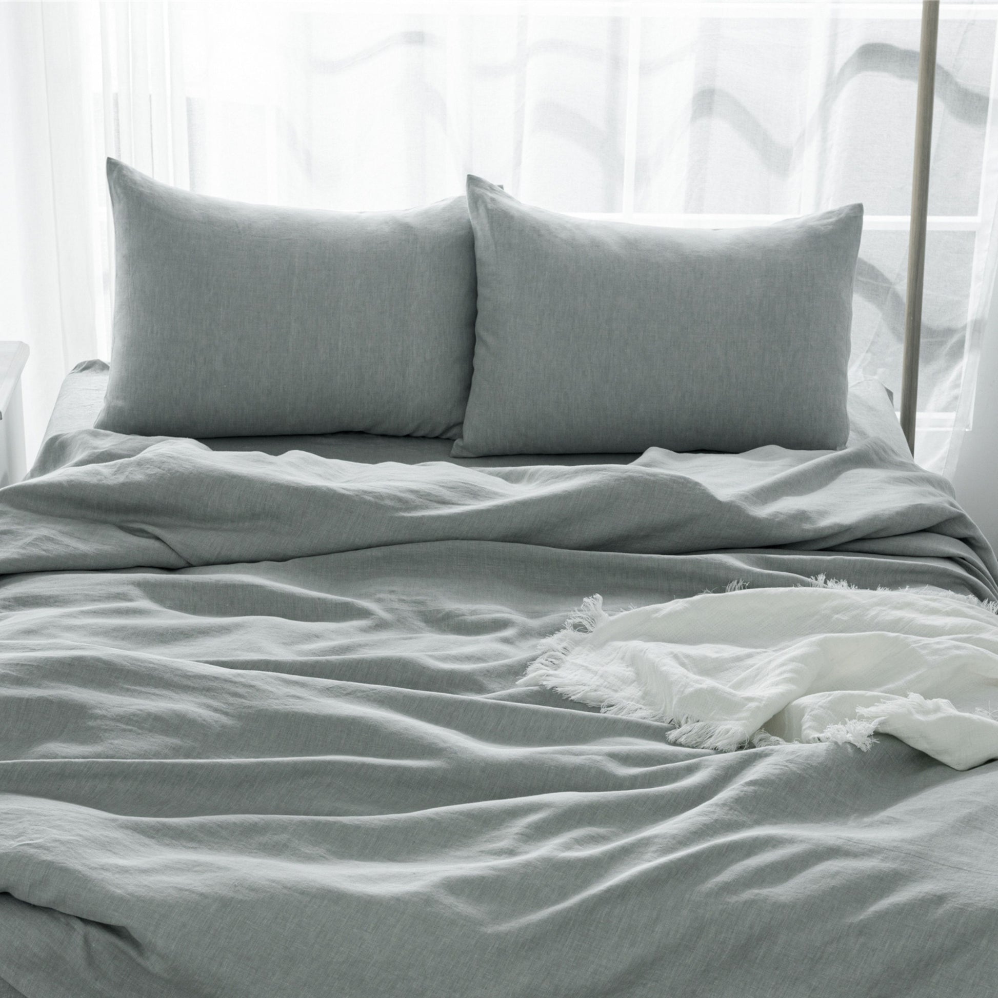 4 Pcs California King Bed Set, Premium Linen Bedding Sheets & Pillowcases, California King Bed In A Bag, Sea Glass Bedding Sheet & Pillowcase Sets Grey Linen Linen