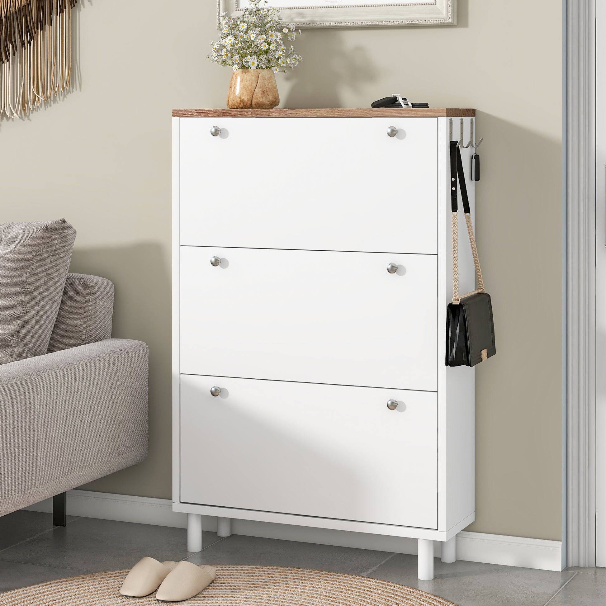 Narrow Design Shoe Cabinet With 3 Flip Drawers, Wood Grain Pattern Top Entryway Organizer With 3 Hooks, Free Standing Shoe Rack With Adjustable Panel For Hallway, White Freestanding 3 4 Drawers White Primary Living Space Shelves Included Particle Board