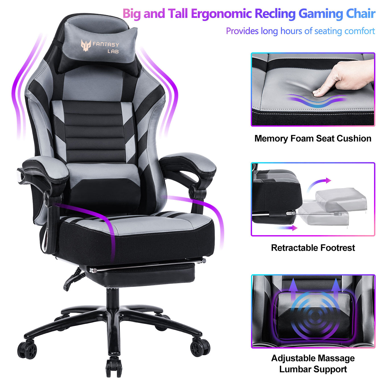 Seat Height Adjustable Swivel Racing Office Computer Ergonomic Video Game Chair Grey Foam Pu