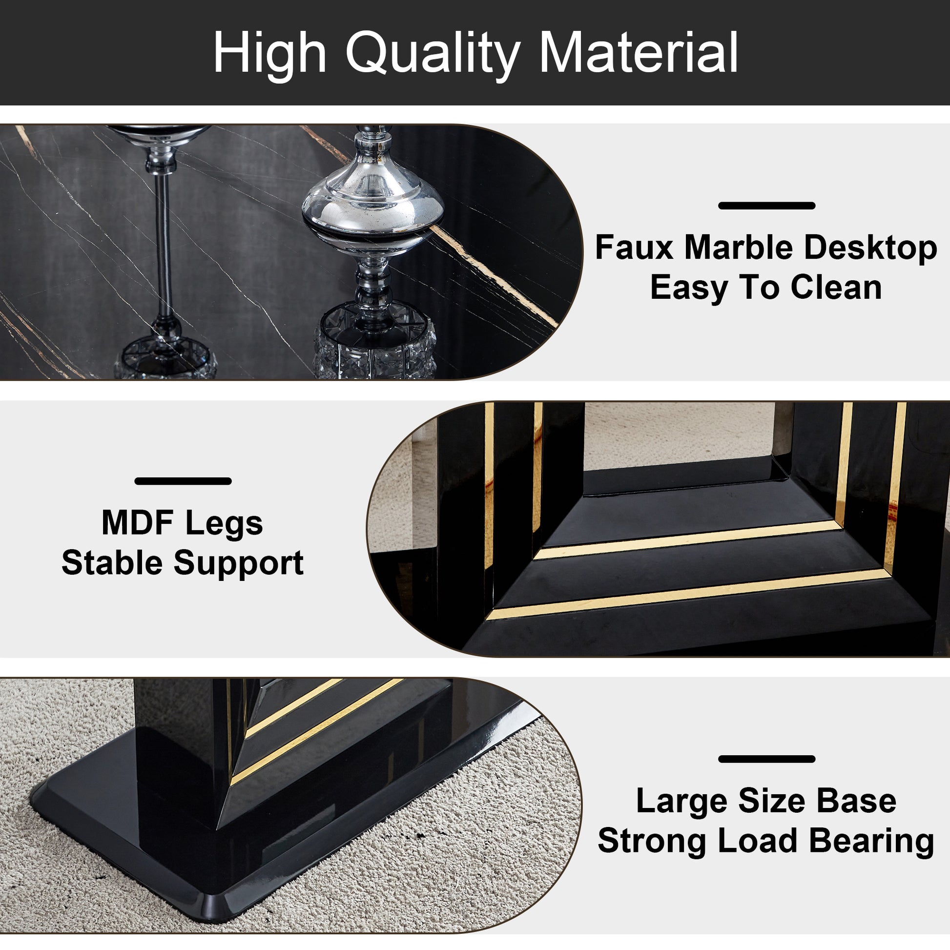 A Table And Four Chairs. The Table Features A Black Imitation Marble Pattern Tabletop And Black Gold Mdf Legs. The Chair Has A Black Pu Backrest Cushion And Black Metal Legs. F Sq C 1162 Black Gold Mdf Glass