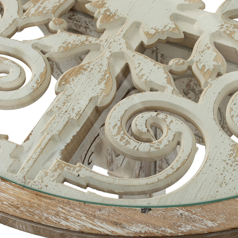 24X28.5" Round Wooden Carved Table, Distressed White Finish Design Antique White Primary Living Space Antique,French Country,Retro,Rustic,Vintage Wood