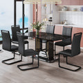 A Table And Six Chairs. The Table Features A Black Imitation Marble Pattern Tabletop And Black Gold Mdf Legs. The Chair Has A Black Pu Backrest Cushion And Black Metal Legs. F Sq C 1162 Black Gold Mdf Glass