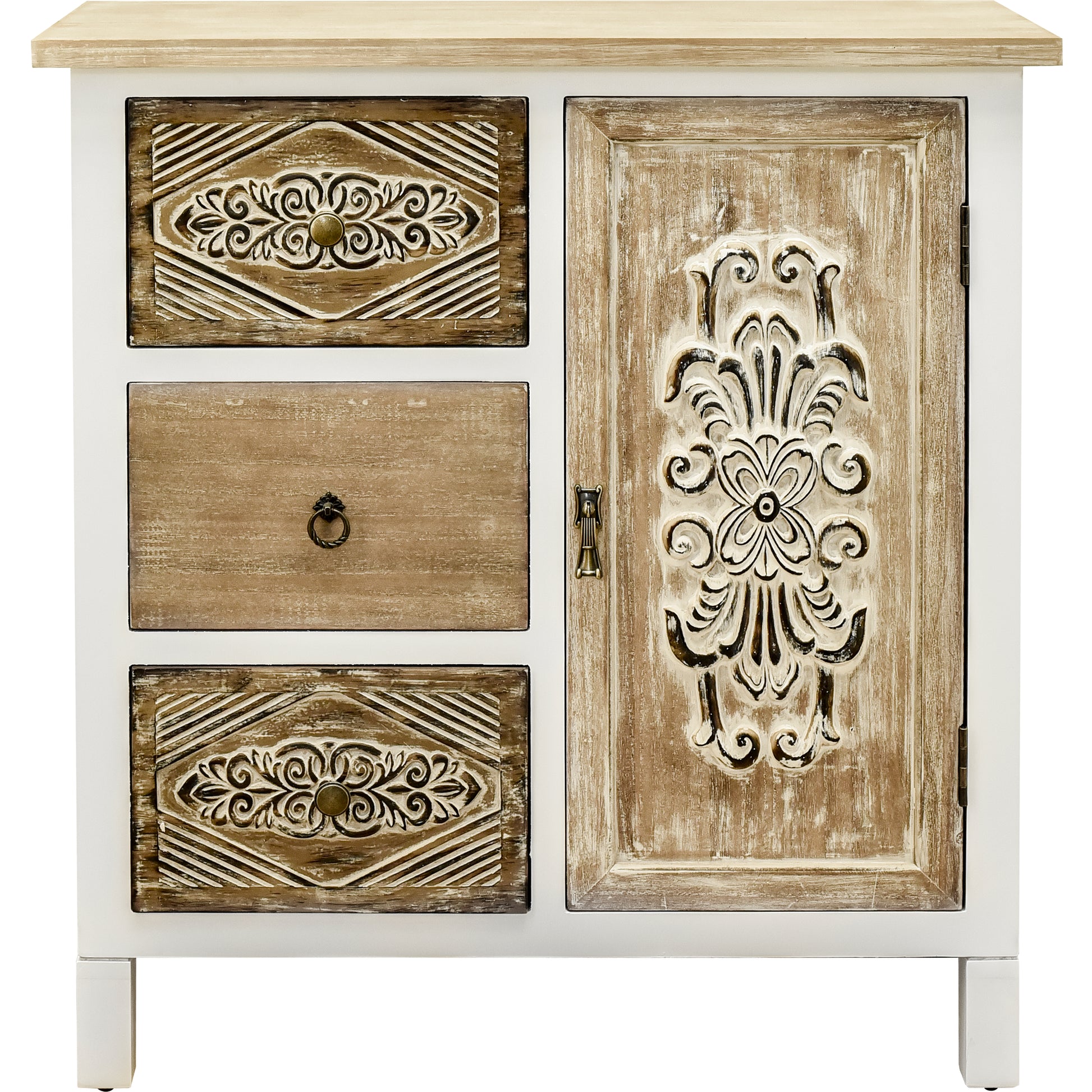 Hand Carved Accent Cabinet With Vintage Charm Versatile Storage And Distinctive Design Fully Assembled 3 4 Drawers White Washed Primary Living Space Shelves Included Wood