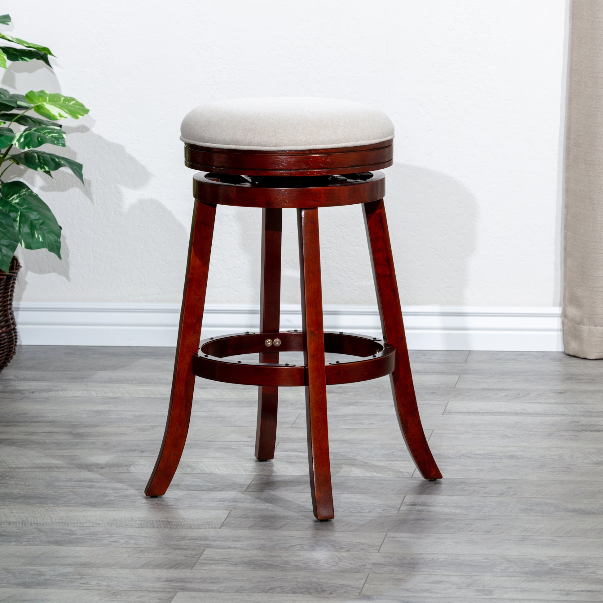 24" Counter Stool, Cherry Finish, Beige Fabric Seat Cherry Fabric