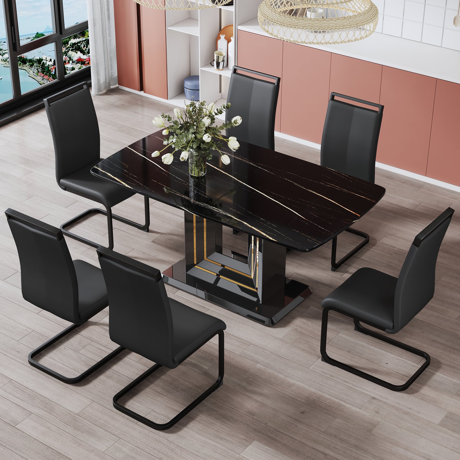 A Table And Six Chairs. The Table Features A Black Imitation Marble Pattern Tabletop And Black Gold Mdf Legs. The Chair Has A Black Pu Backrest Cushion And Black Metal Legs. F Sq C 1162 Black Gold Mdf Glass