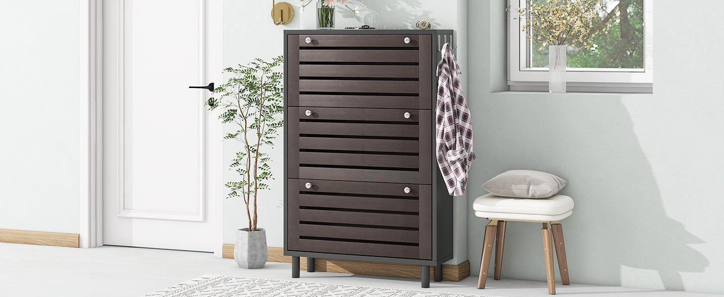 Minimalist Slim Shoe Cabinet With Hanging Hooks, Slits Design Panels E