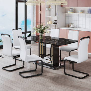 A Table And Six Chairs. The Table Features A Black Imitation Marble Pattern Tabletop And Black Gold Mdf Legs. The Chair Has A White Pu Backrest Cushion And Black Metal Legs. F Sq C 1162 Black Gold Mdf Glass