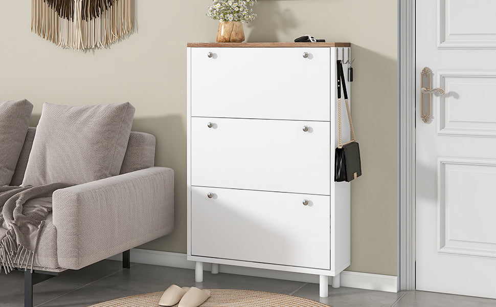 Narrow Design Shoe Cabinet With 3 Flip Drawers, Wood Grain Pattern Top Entryway Organizer With 3 Hooks, Free Standing Shoe Rack With Adjustable Panel For Hallway, White Freestanding 3 4 Drawers White Primary Living Space Shelves Included Particle Board